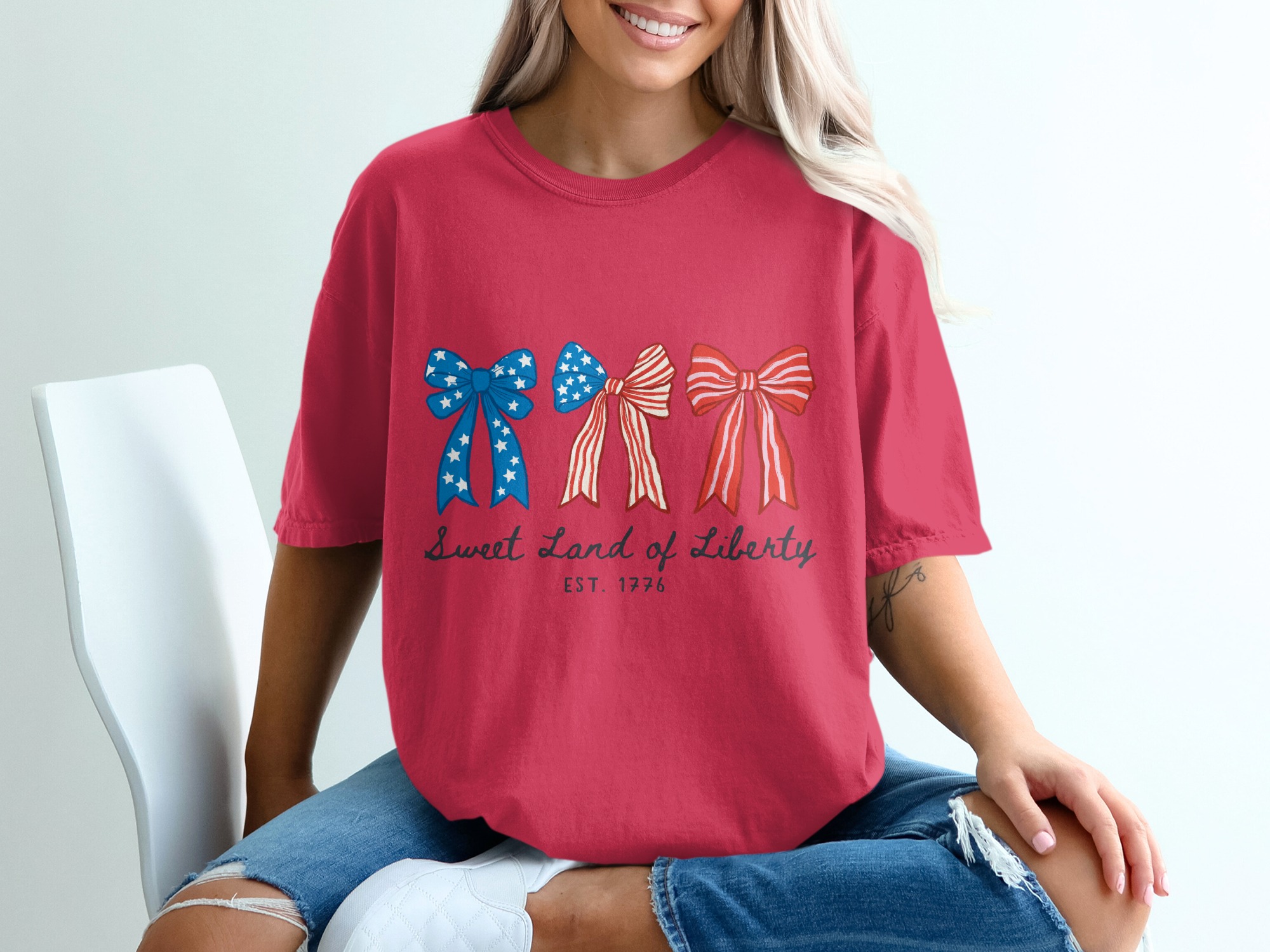 Patriotic Bows T-Shirt, Sweet Land of Liberty Shirt, 4th of July Tee, Distressed Americana Shirt, Vintage Style USA Top, Independence Day - Image 14