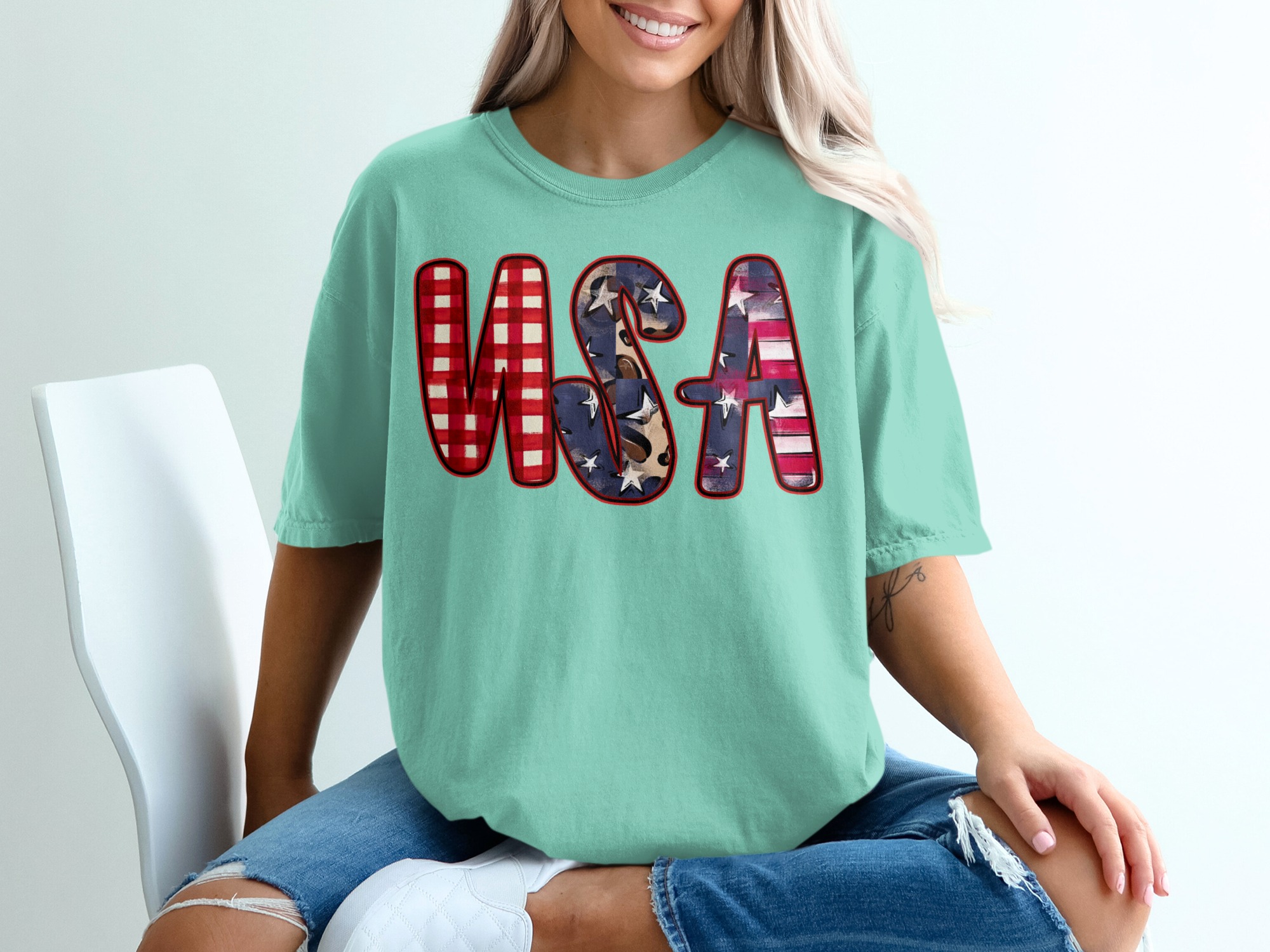 USA T-Shirt, Patriotic 4th of July Shirt, Distressed Buffalo Plaid Leopard Print America Tee, Memorial Day Gift for Her - Image 10