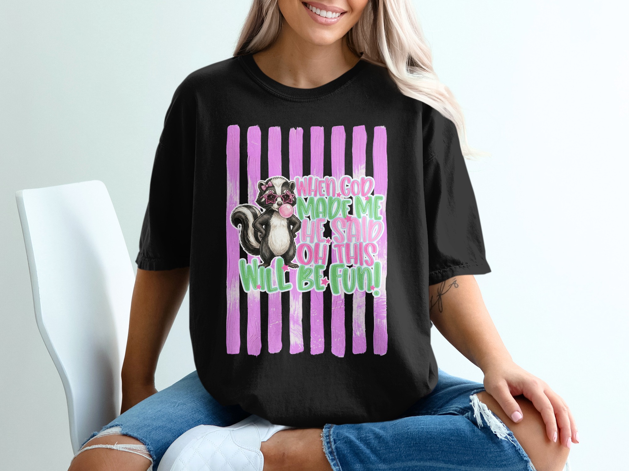 Comfort Colors® Funny Skunk T-Shirt, Sassy Bubblegum Skunk Tee, When God Made Me Oh This Will Be Fun Quote Shirt, Humorous Animal Lover Gift - Image 6