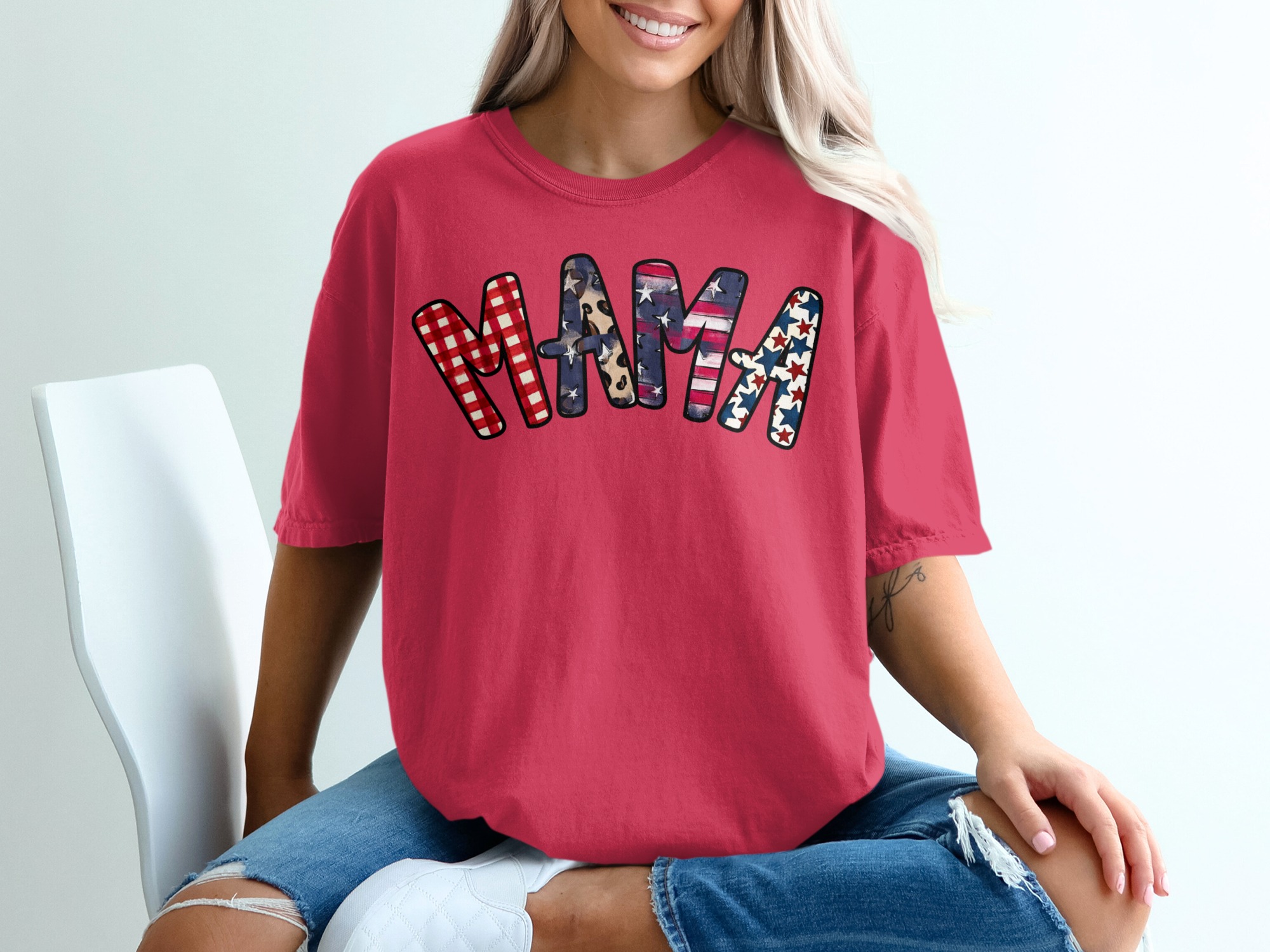 Patriotic Mama T-Shirt, Distressed American Flag Gingham Leopard Stars Graphic Tee, Mama Bear Gift, Fourth of July Outfit - Image 14