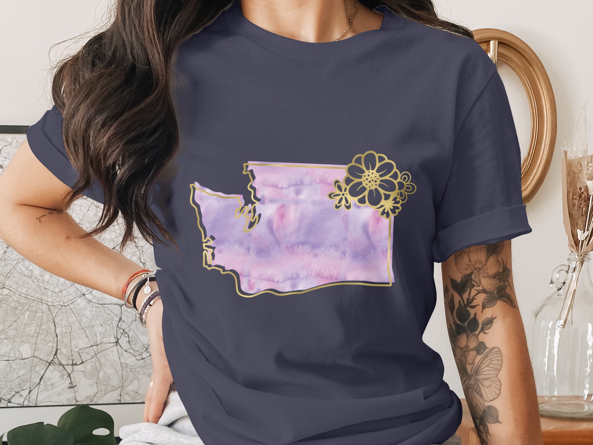 Washington State T-Shirt | Watercolor Floral WA Outline Tee with Faux Gold Print | PNW Aesthetic & State Pride Gift for Her - Image 3