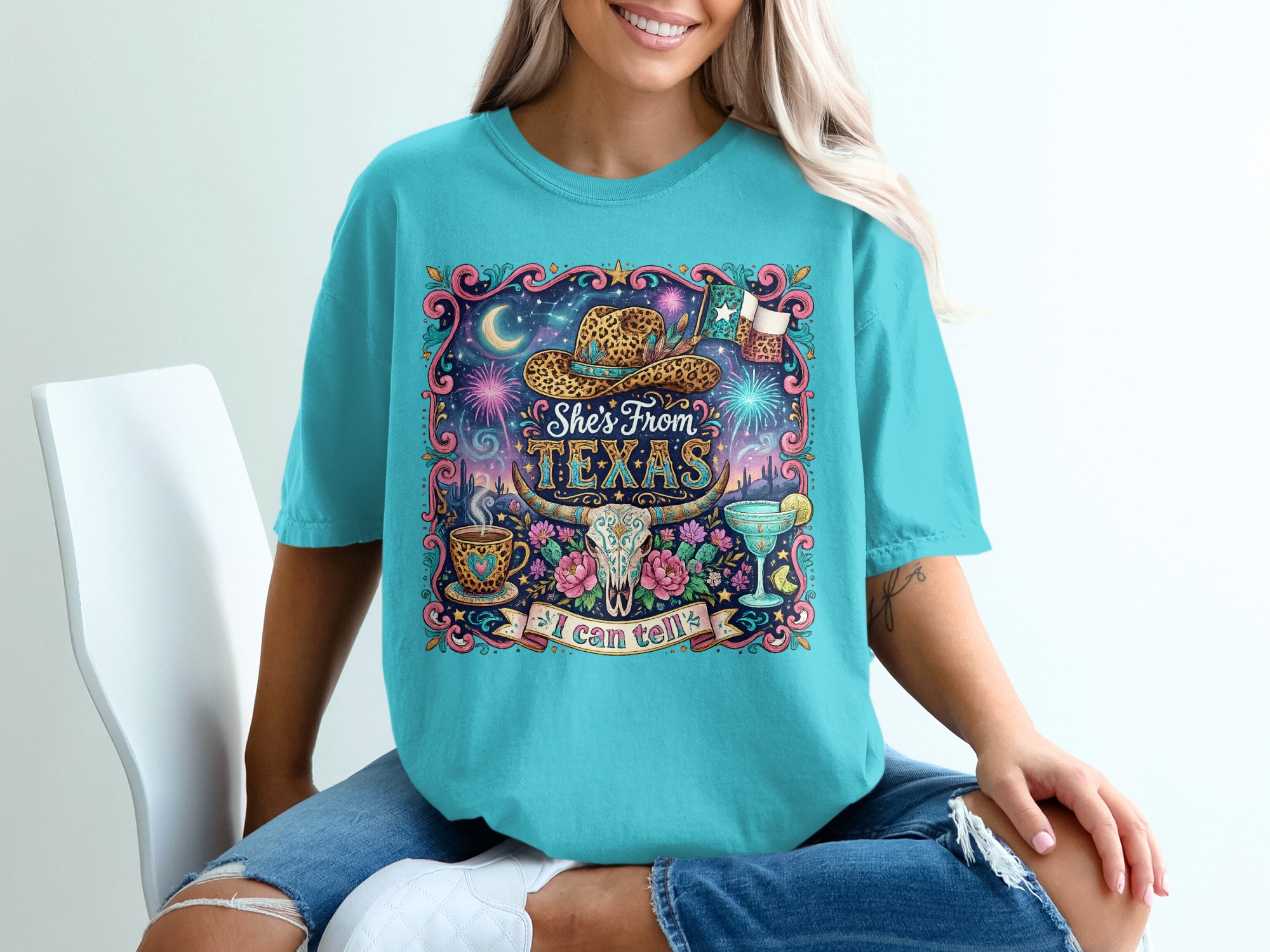 She's From Texas T-Shirt, Western Boho Cowgirl Tee, Texas Pride Gift for Her, Leopard Print Cowboy Hat Longhorn Skull Desert Shirt - Image 9