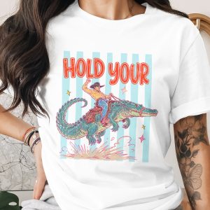 Hold Your Alligator Cowboy T-Shirt, Funny Rodeo Western Tee, Unique Vintage Comic Art Gift For Him, Southern Badass Graphic Shirt