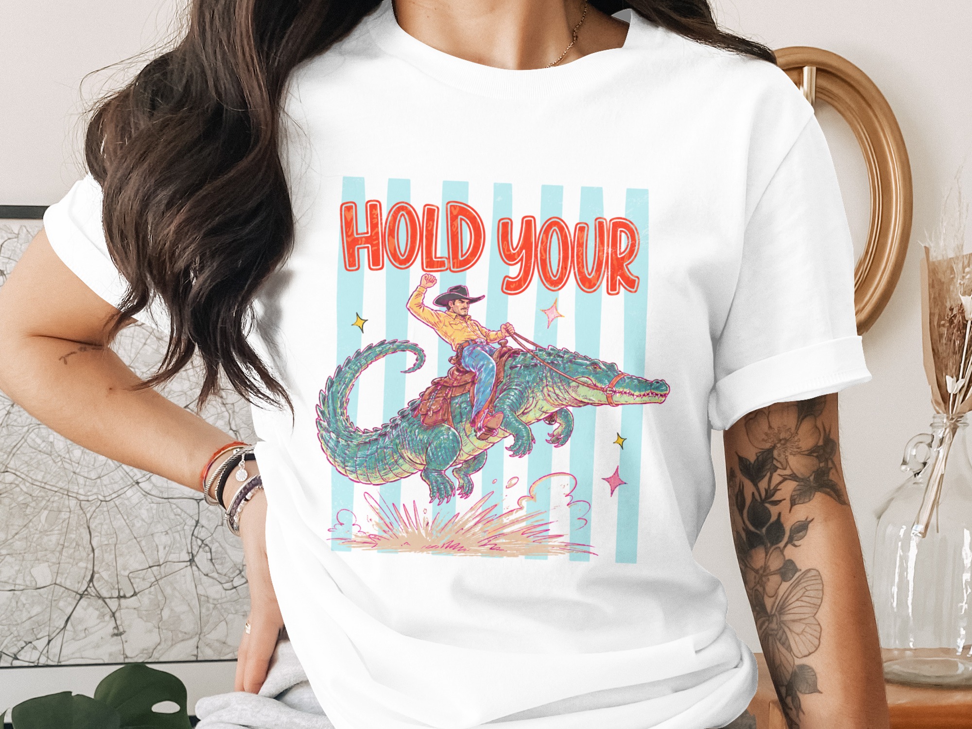 Hold Your Alligator Cowboy T-Shirt, Funny Rodeo Western Tee, Unique Vintage Comic Art Gift For Him, Southern Badass Graphic Shirt