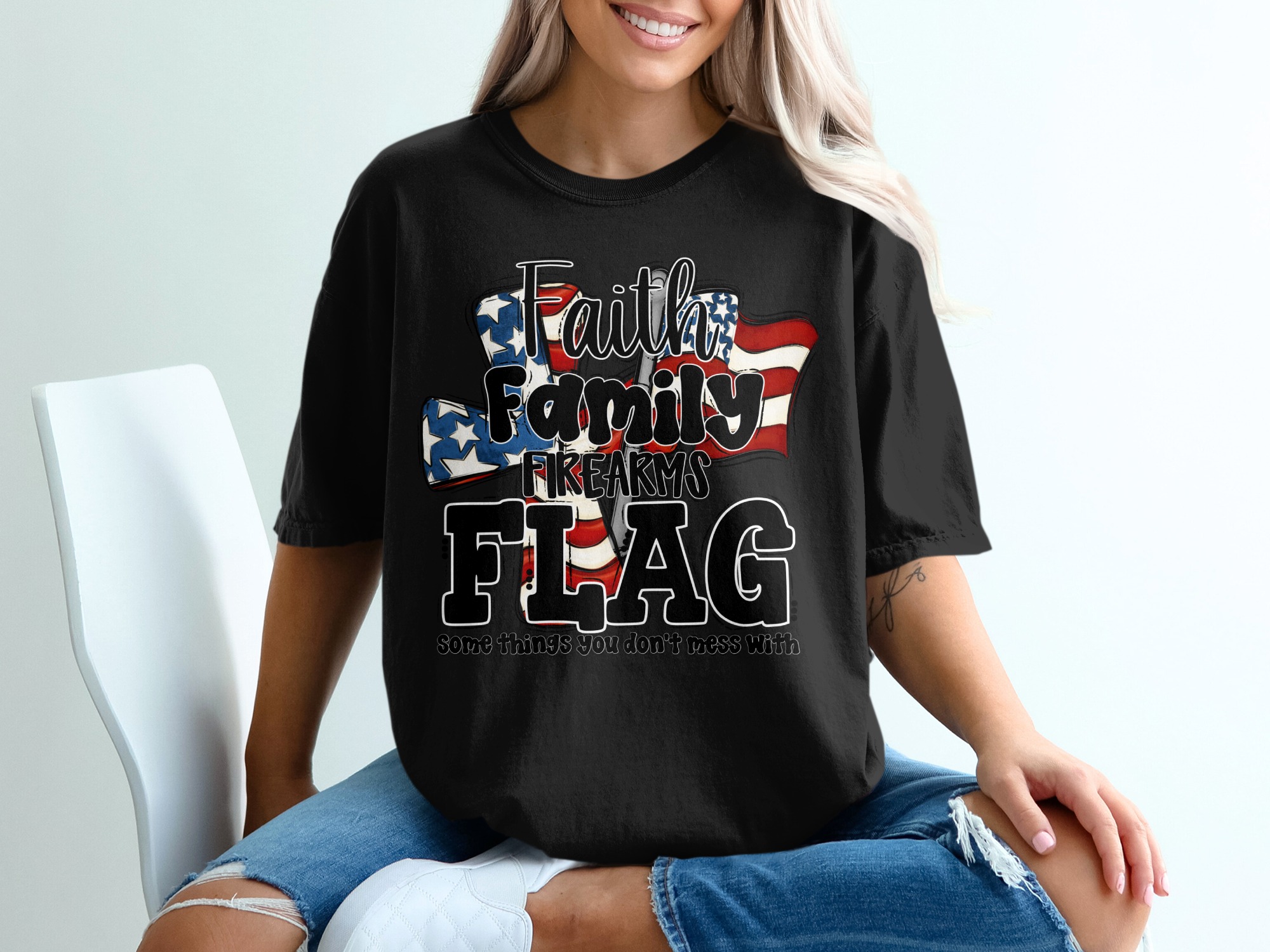 Faith Family Firearms Flag T-Shirt, Patriotic American Conservative Tee, Second Amendment Gift for Him Her, Freedom Lover Apparel - Image 2