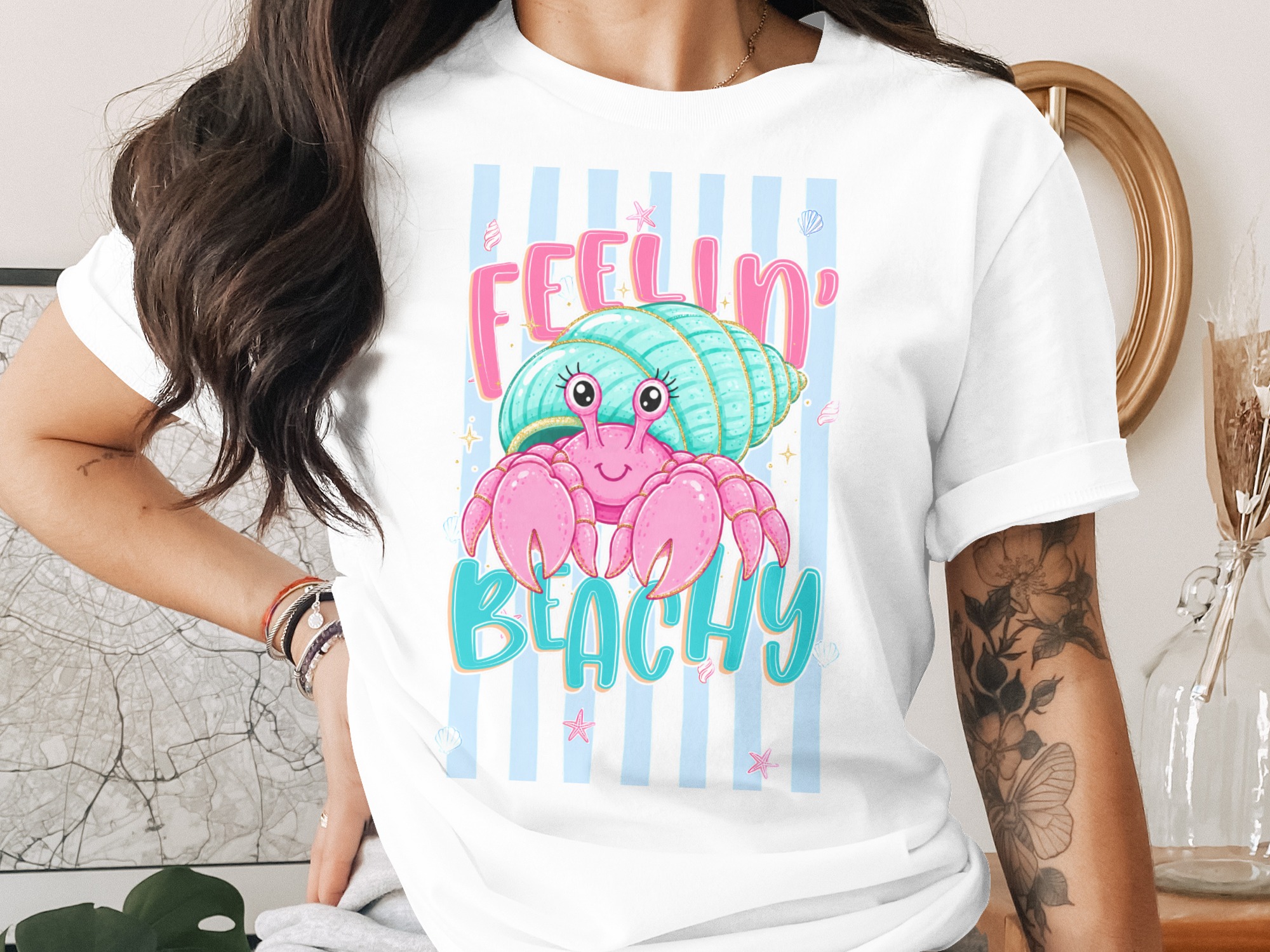 Comfort Colors® Feelin' Beachy Hermit Crab T-Shirt, Cute Ocean Summer Tee, Beach Vacation Cruise Top, Coastal Life Gift for Her