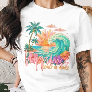 Happiness Comes in Waves T-Shirt, Tropical Beach Vacation Tee, Faux Glitter Print Ocean Wave Design, Palm Tree Sunset, Coastal Boho Summer