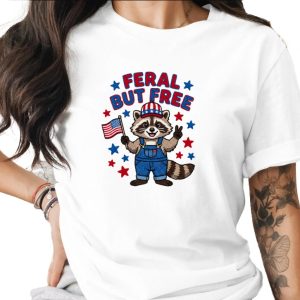 Feral But Free Raccoon T-Shirt, Patriotic 4th of July Tee, Funny American Flag Animal Shirt, Independence Day Gift for Him Her