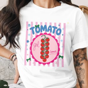 Tomato Girl Summer T-Shirt, Aesthetic Coquette Core Tee, Cute Whimsical Garden Foodie Shirt, Happy Smiley Face Retro Top for Her
