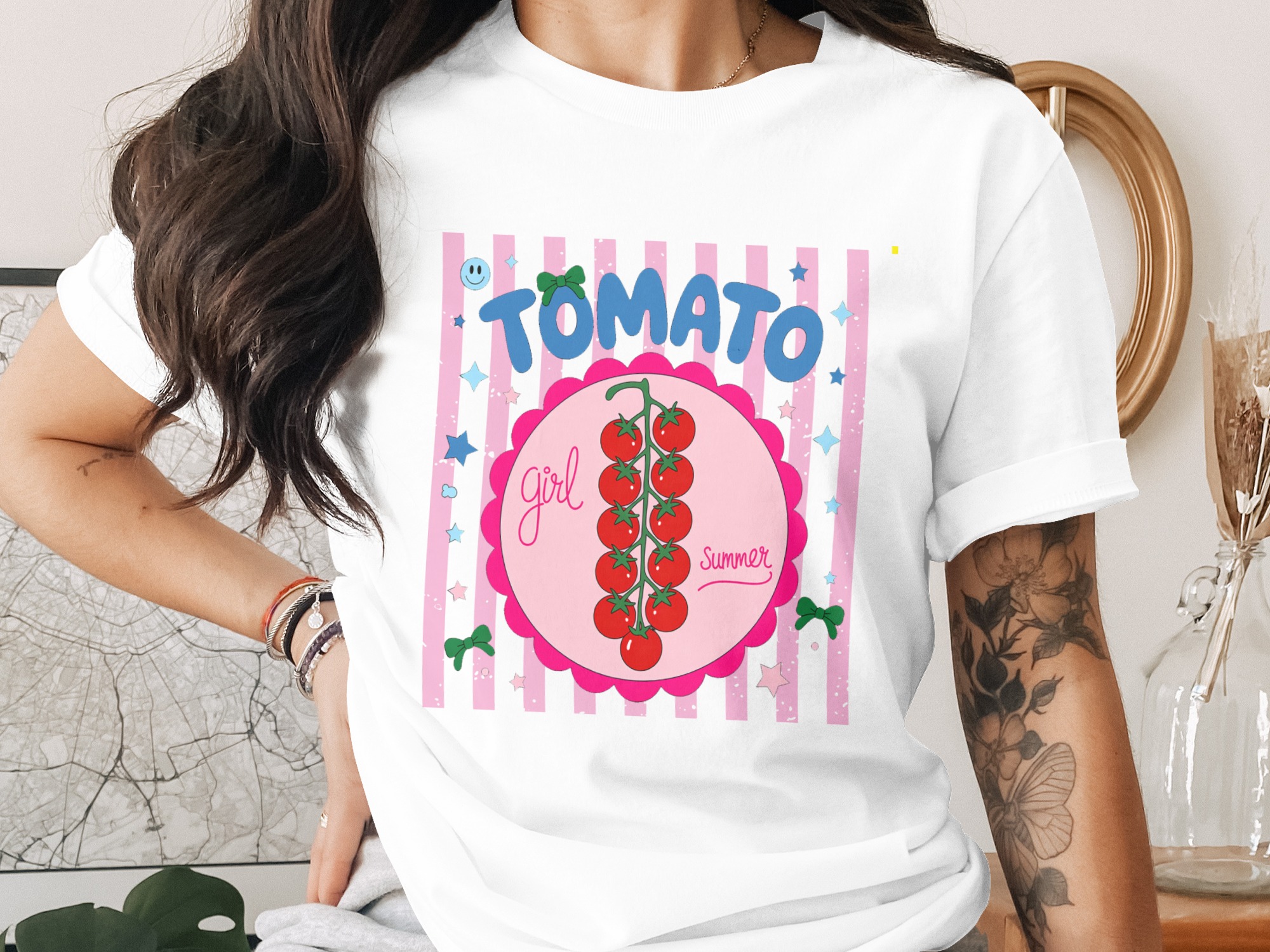 Tomato Girl Summer T-Shirt, Aesthetic Coquette Core Tee, Cute Whimsical Garden Foodie Shirt, Happy Smiley Face Retro Top for Her