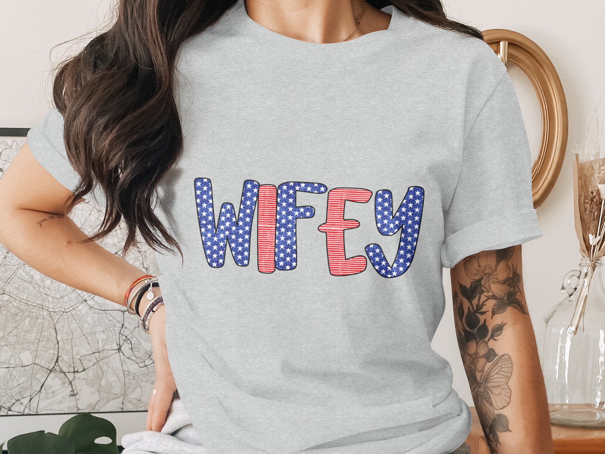 Patriotic Wifey T-Shirt, American Flag Wifey Shirt, Fourth of July Wife Tee, Military Spouse Gift, Engagement Gift, New Mrs. Country Style - Image 2