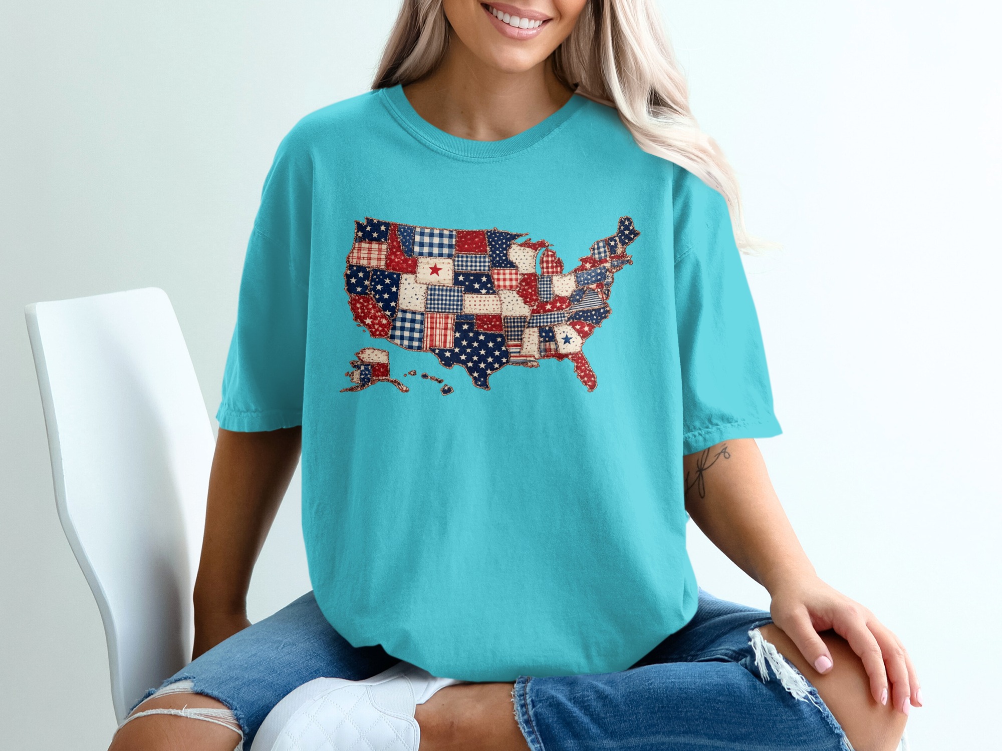 Patriotic USA Map T-Shirt, Americana Quilt Print Tee, Distressed American Flag Shirt, 4th of July Outfit, Veteran Gift Idea - Image 9