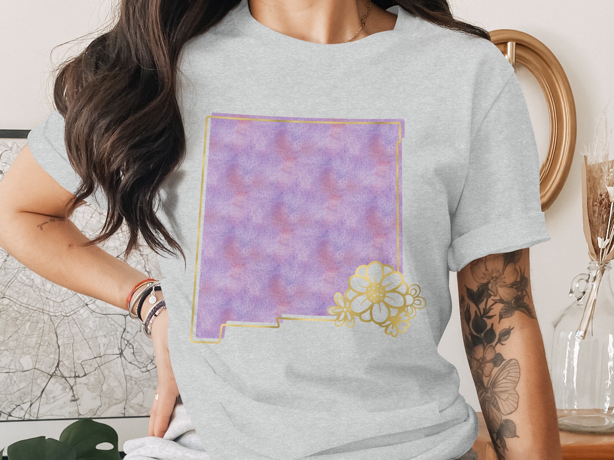 New Mexico Watercolor T-Shirt, Faux Gold Floral NM State Outline Tee, Southwestern Boho Purple State Pride Top, Travel Souvenir Gift - Image 2