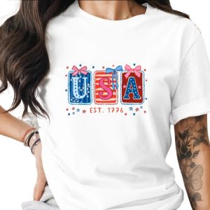 Patriotic USA Est 1776 T-Shirt, Whimsical Americana Tee, Fourth of July Top, Vintage Independence Day Shirt for Her, Cute Stars & Stripes