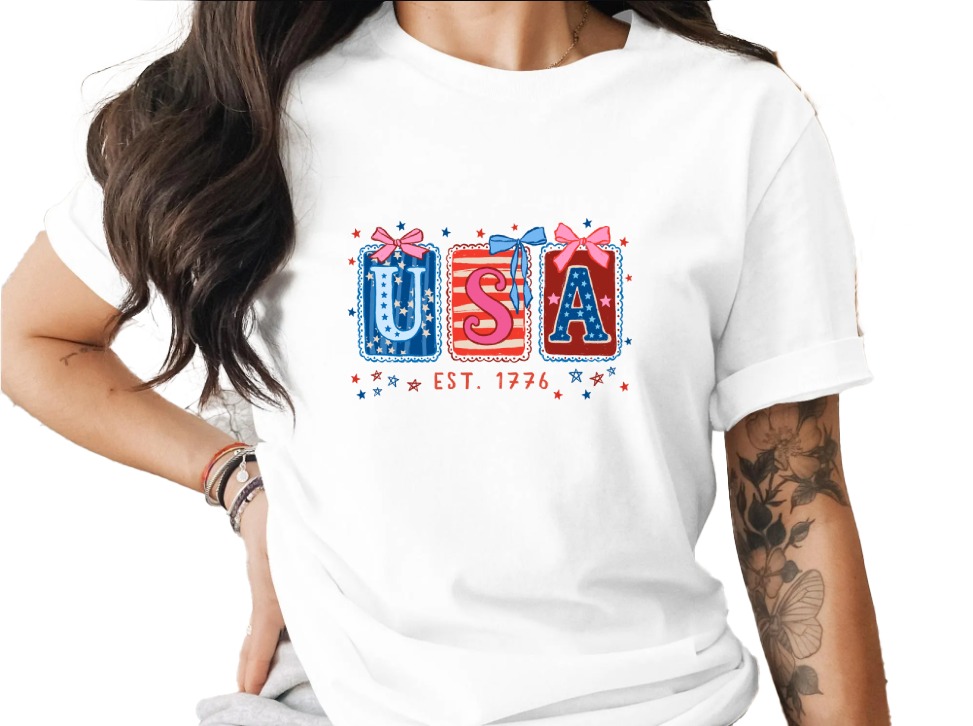 Patriotic USA Est 1776 T-Shirt, Whimsical Americana Tee, Fourth of July Top, Vintage Independence Day Shirt for Her, Cute Stars & Stripes