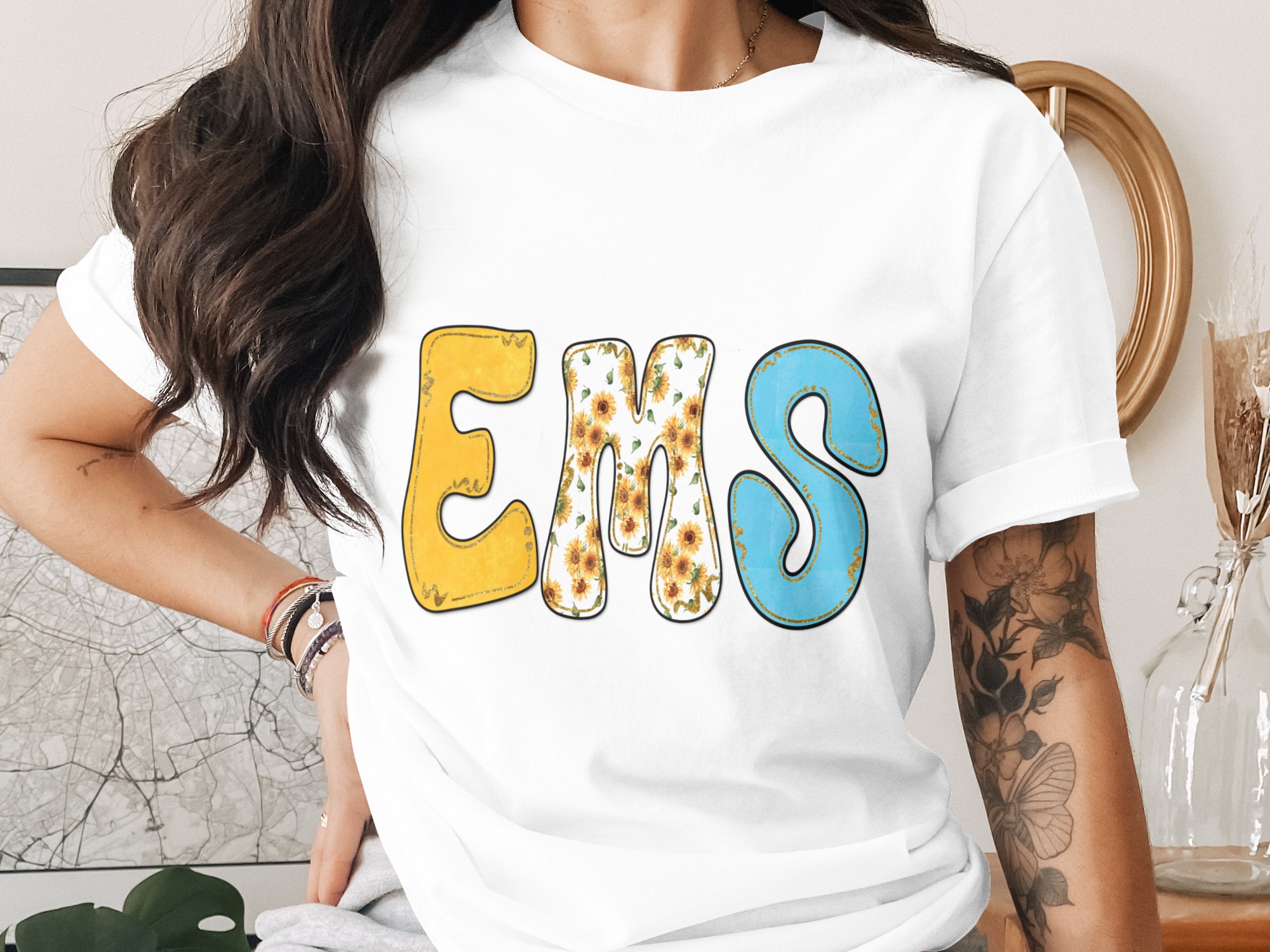 EMS Sunflower Glitter Digital Download for EMT Paramedic Appreciation Gift, First Responder Clipart, Healthcare PNG Graphic