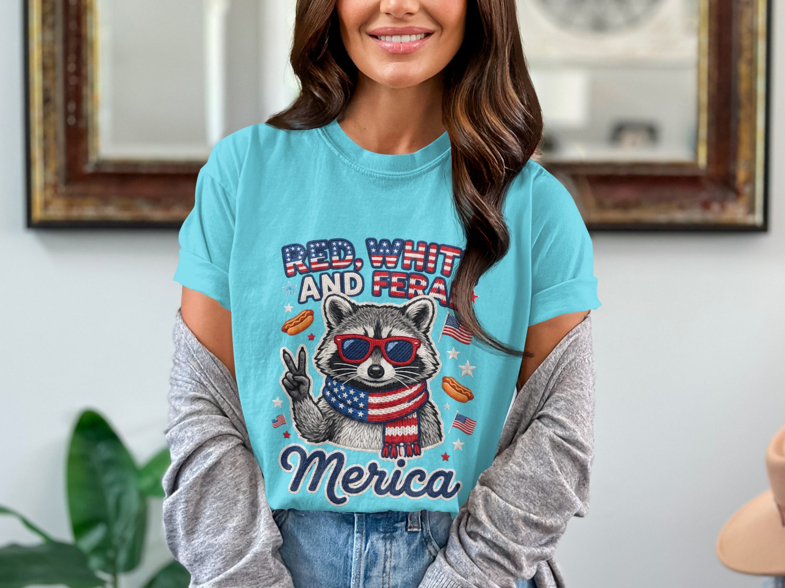 Red White and Feral Merica Raccoon T-Shirt, Funny Patriotic 4th of July Tee, American Flag Animal Shirt, Summer Party Gift - Image 7