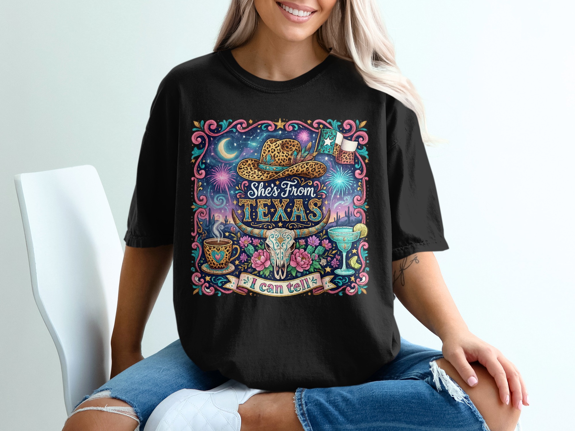 She's From Texas T-Shirt, Western Boho Cowgirl Tee, Texas Pride Gift for Her, Leopard Print Cowboy Hat Longhorn Skull Desert Shirt - Image 8