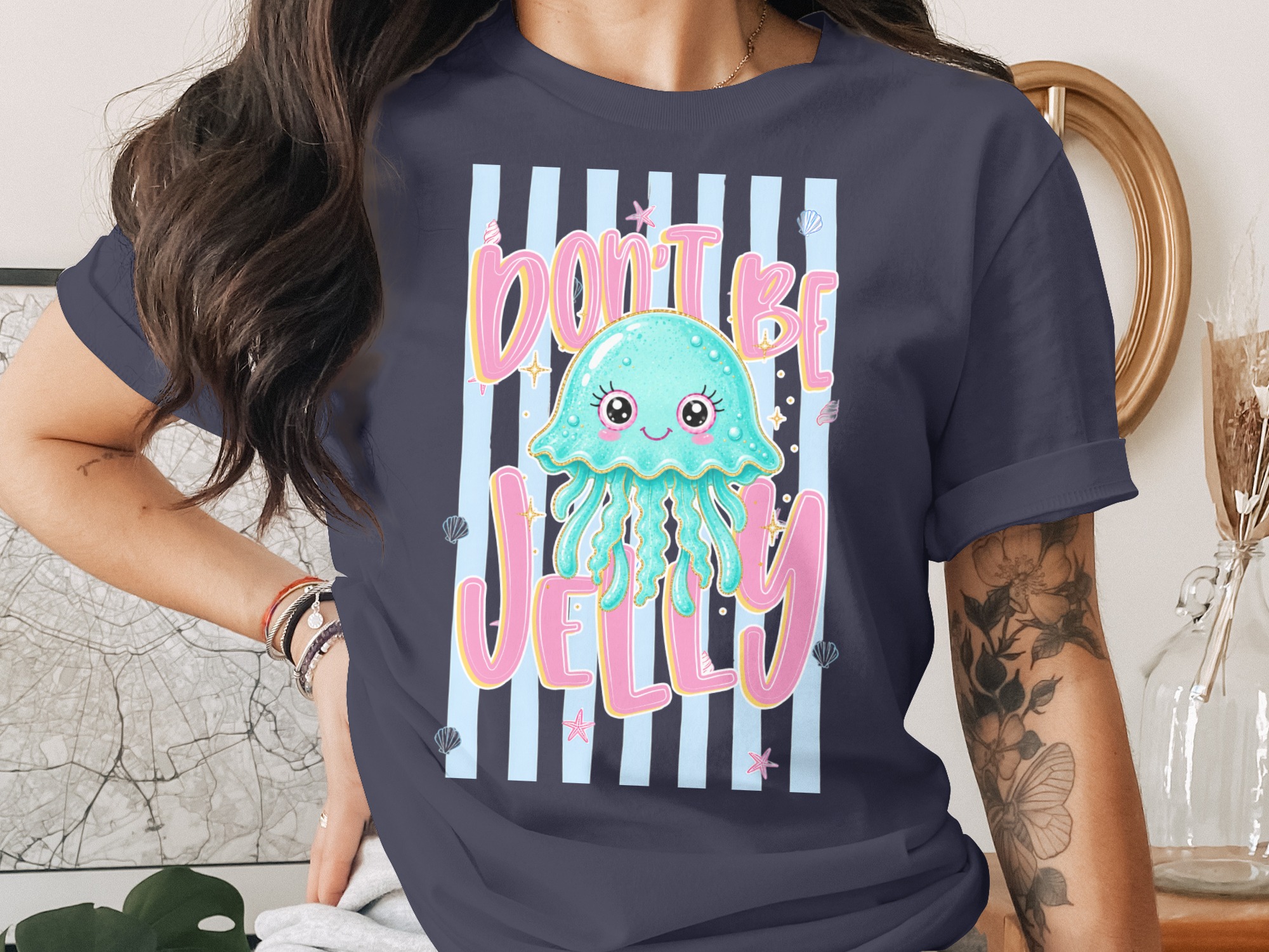 Comfort Colors® Don't Be Jelly T-Shirt, Cute Jellyfish Pun Shirt, Kawaii Ocean Marine Life Tee, Summer Beach Lover Gift, Pastel Stripe - Image 3