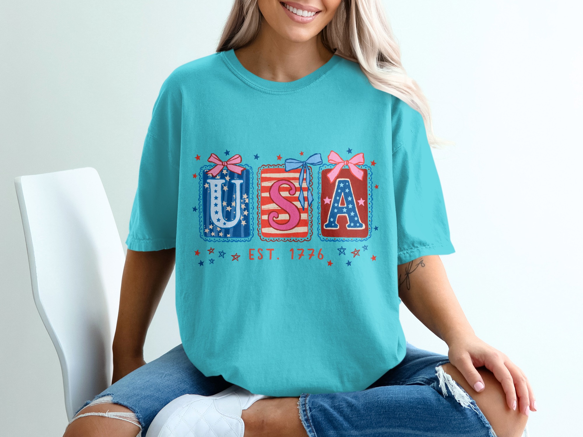 Patriotic USA Est 1776 T-Shirt, Whimsical Americana Tee, Fourth of July Top, Vintage Independence Day Shirt for Her, Cute Stars & Stripes - Image 9