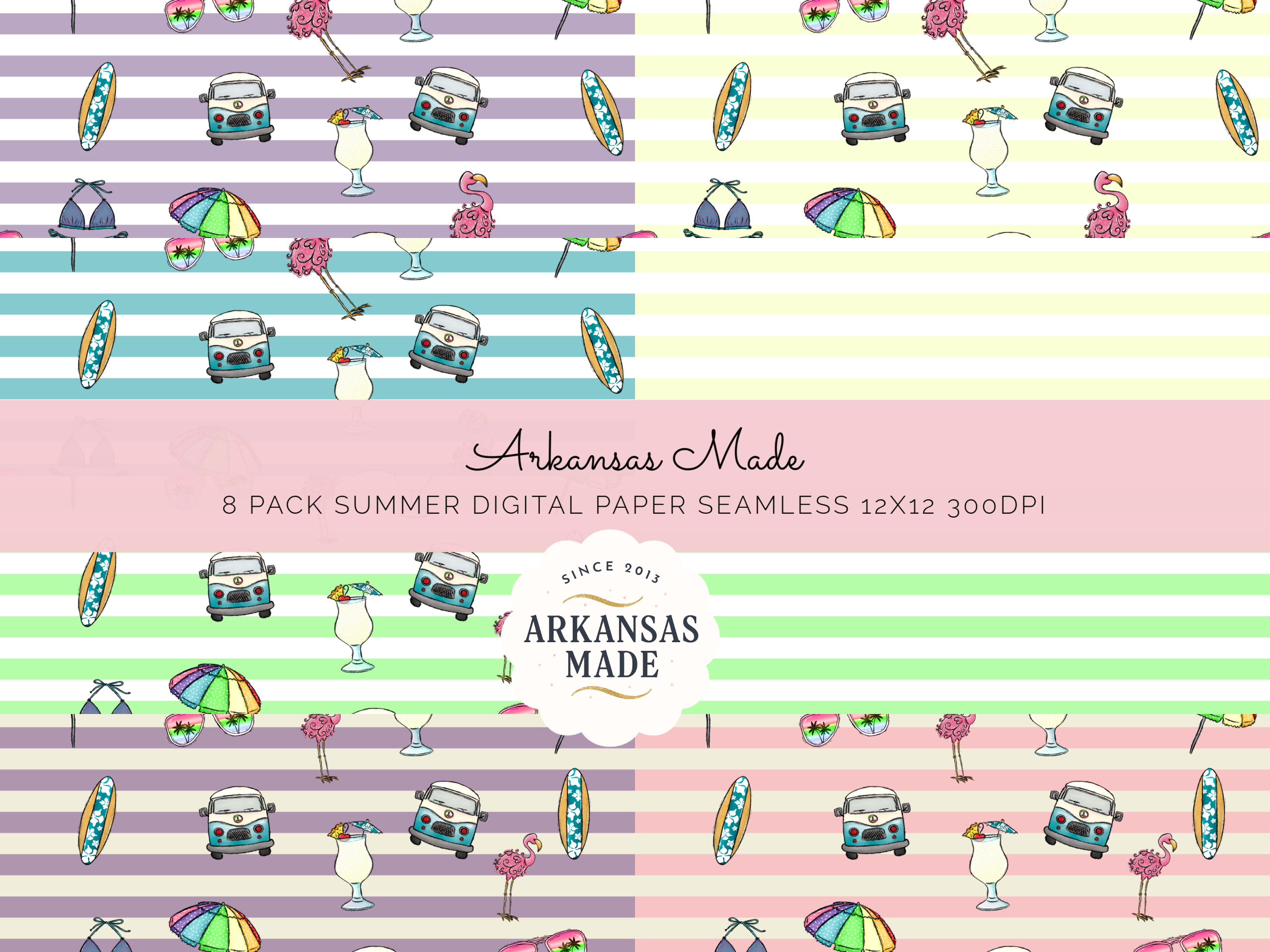 Summer Digital Seamless 8 Paper Pack, Tropical Flamingo VW Bus Patterns, Retro Beach Cocktail Backgrounds, Vacation Scrapbook Paper Kit - Image 2