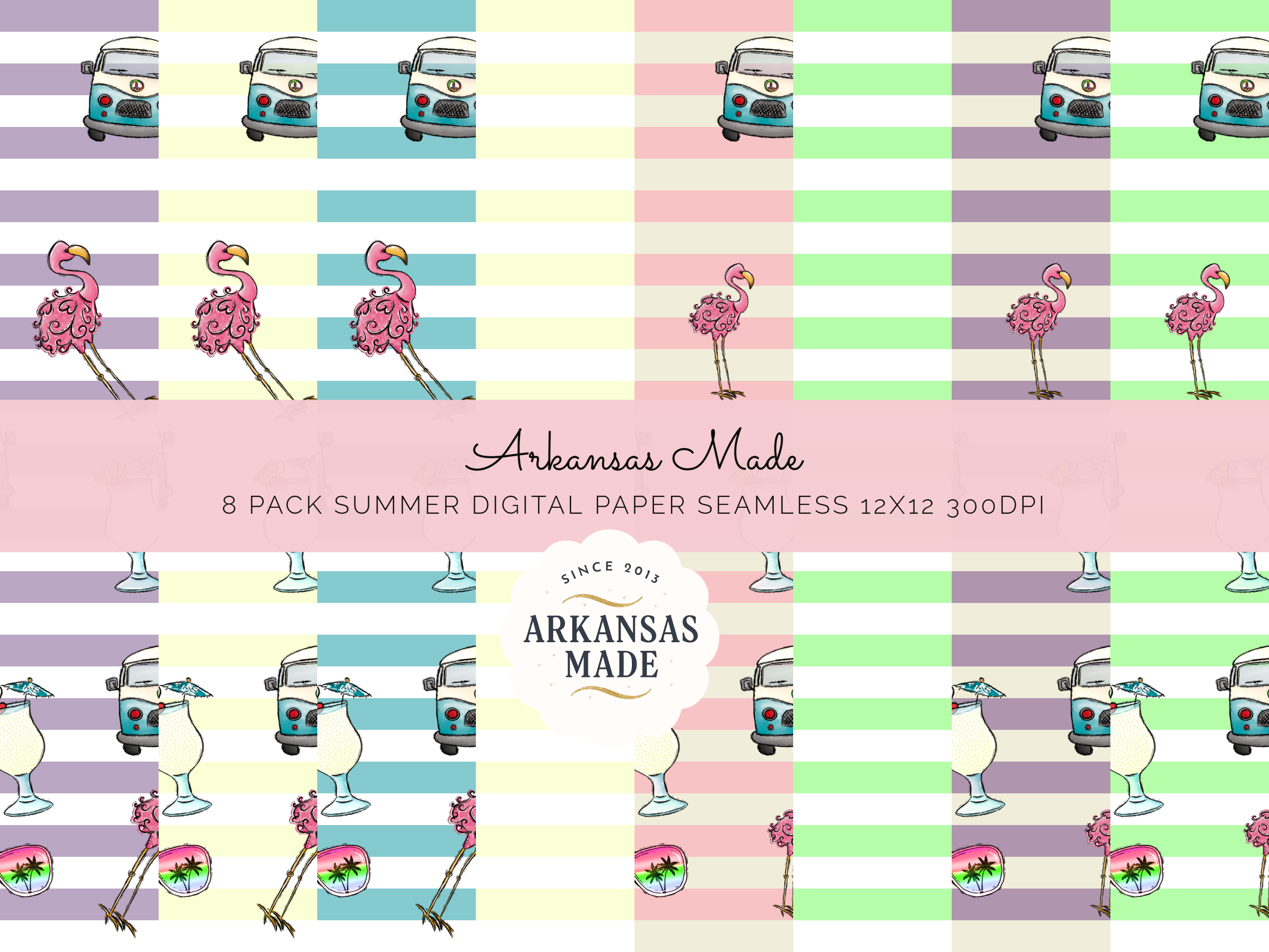 Summer Digital Seamless 8 Paper Pack, Tropical Flamingo VW Bus Patterns, Retro Beach Cocktail Backgrounds, Vacation Scrapbook Paper Kit