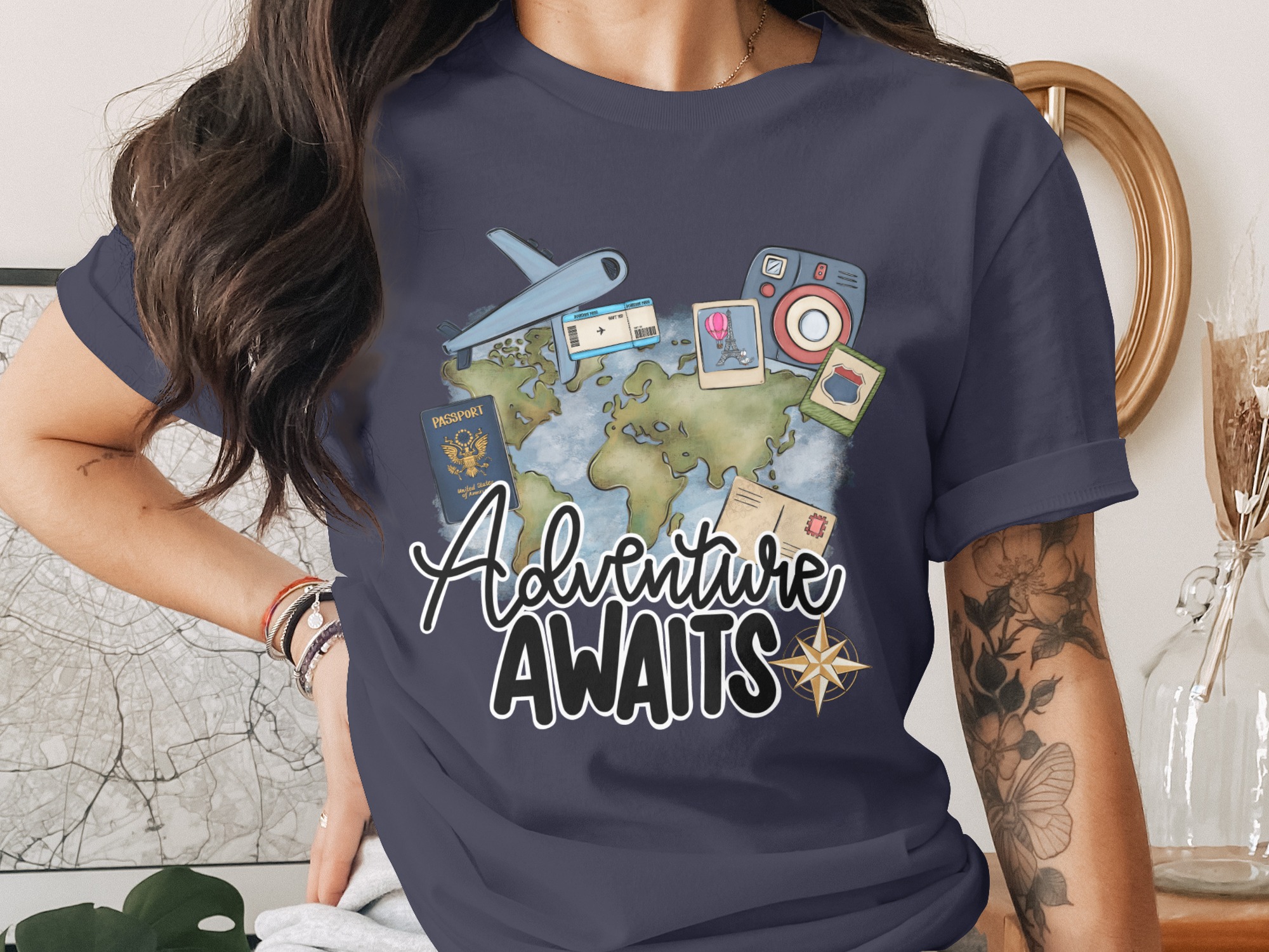 Adventure Awaits T-Shirt, Wanderlust Travel Tee, World Map Explorer Shirt, Passport Airplane Camera Gift for Travelers, Vacation Outfit Top - Image 3