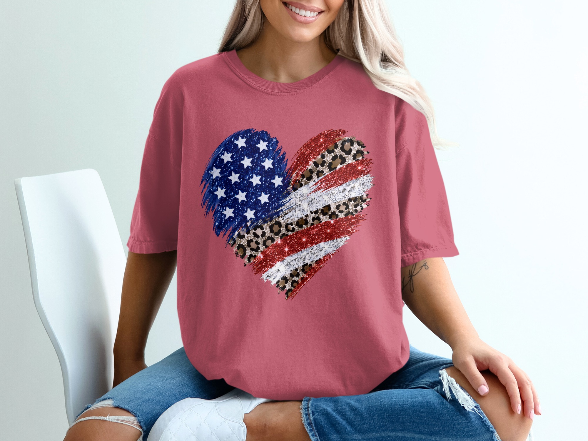 Comfort Colors® Patriotic Leopard Heart T-Shirt, American Flag Glitter Tee, 4th of July Shirt, Memorial Day, USA Pride, Trendy Gift for Her - Image 15