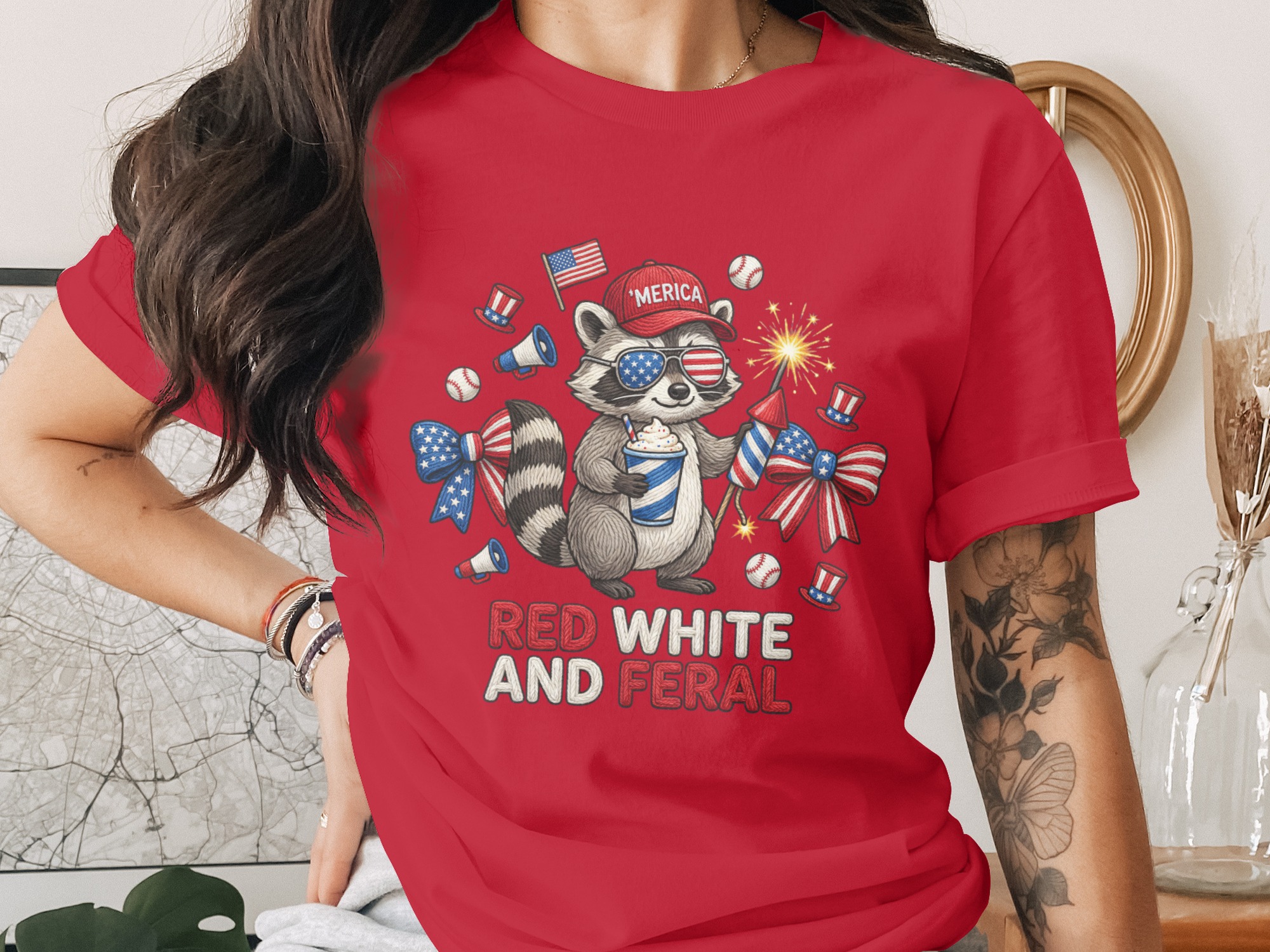 Red White and Feral Raccoon T-Shirt, Funny 4th of July Patriotic America Tee, Independence Day Party Animal Lover Gift - Image 4