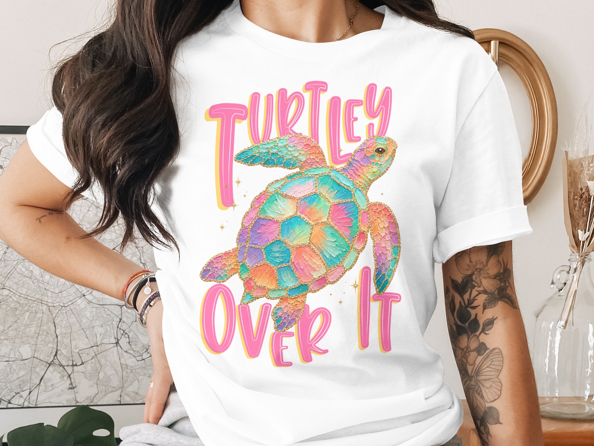 Turtley Over It T-Shirt, Faux Glitter Sea Turtle Tee, Sarcastic Beach Shirt, Colorful Ocean Lover Gift, Summer Vacation Top