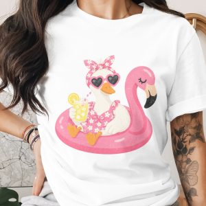 Cute Duck Flamingo Float T-Shirt, Summer Vacation Tee, Funny Animal Pool Party Graphic Shirt, Lemonade Lover Gift