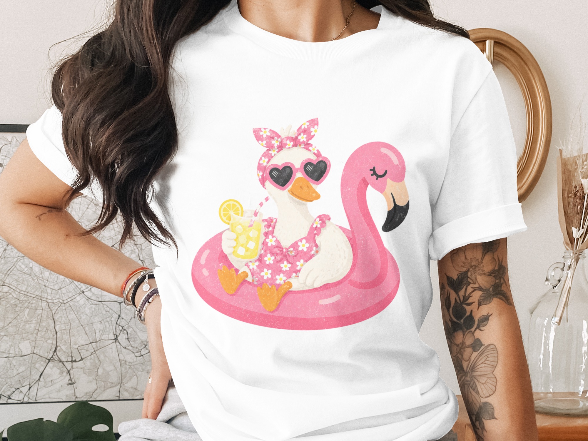 Cute Duck Flamingo Float T-Shirt, Summer Vacation Tee, Funny Animal Pool Party Graphic Shirt, Lemonade Lover Gift