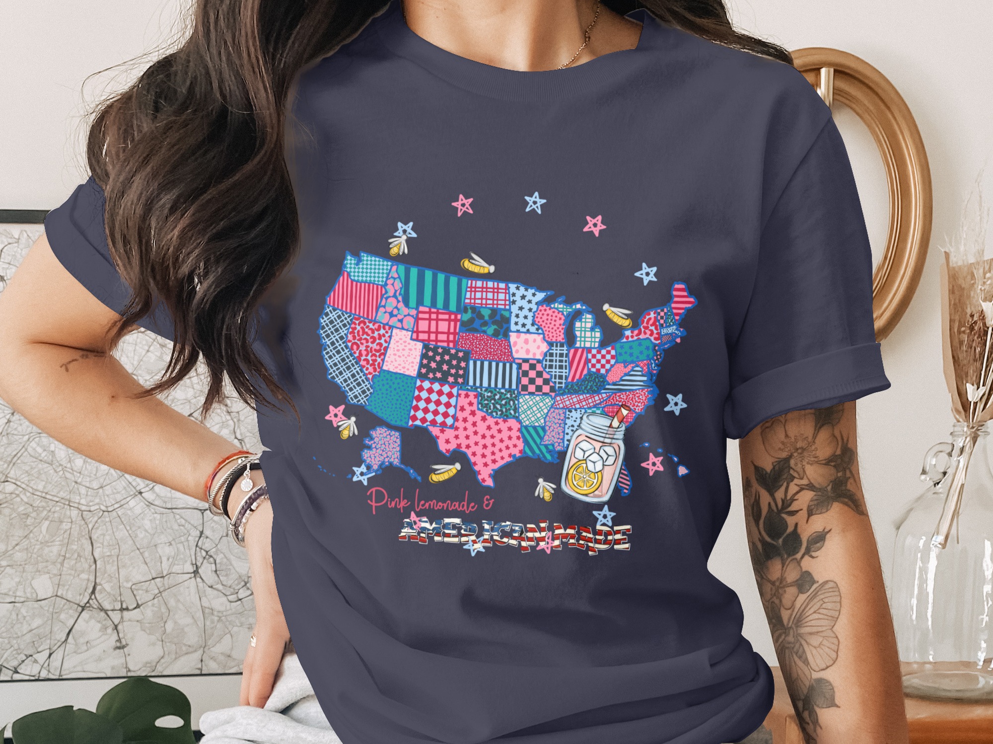 Pink Lemonade American Made T-Shirt | Patriotic Quilt USA Map Tee | 4th of July Summer Vacation Gift - Image 3