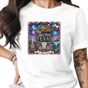 She's From Texas T-Shirt, Western Boho Cowgirl Tee, Texas Pride Gift for Her, Leopard Print Cowboy Hat Longhorn Skull Desert Shirt