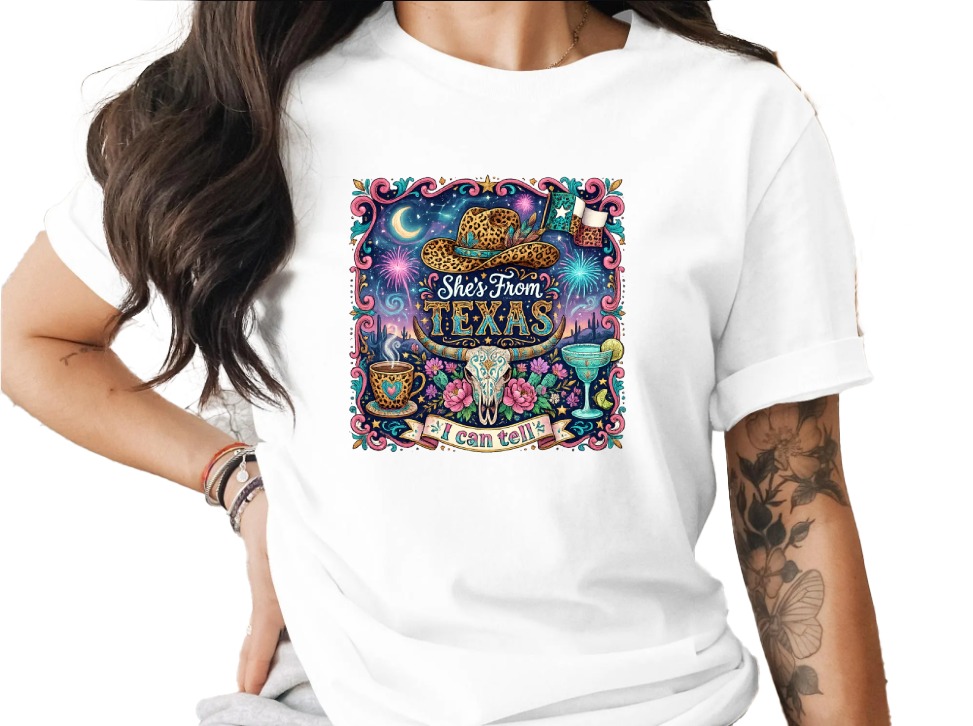 She's From Texas T-Shirt, Western Boho Cowgirl Tee, Texas Pride Gift for Her, Leopard Print Cowboy Hat Longhorn Skull Desert Shirt