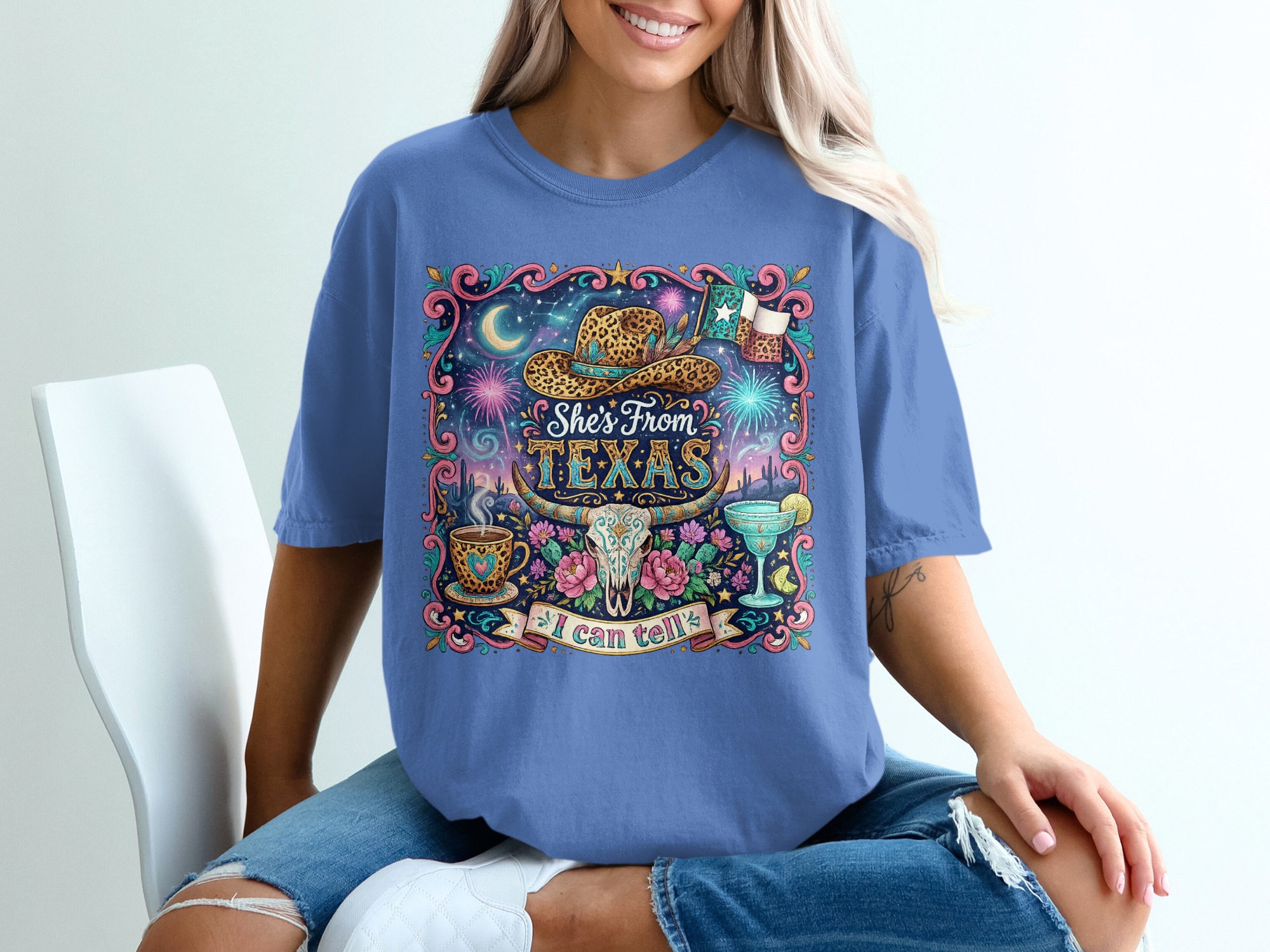 She's From Texas T-Shirt, Western Boho Cowgirl Tee, Texas Pride Gift for Her, Leopard Print Cowboy Hat Longhorn Skull Desert Shirt - Image 20