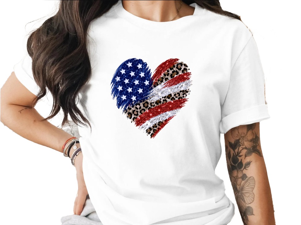 Comfort Colors® Patriotic Leopard Heart T-Shirt, American Flag Glitter Tee, 4th of July Shirt, Memorial Day, USA Pride, Trendy Gift for Her