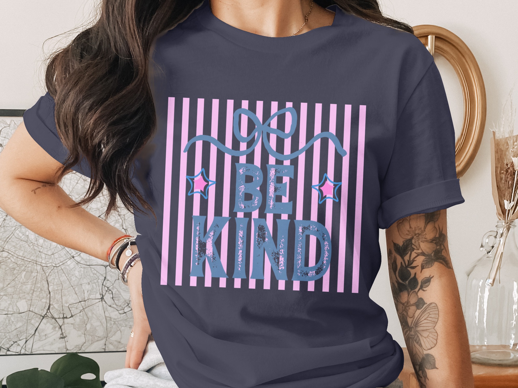 Be Kind T-Shirt, Distressed Kindness Shirt, Positive Message Aesthetic Tee, Pastel Stripes Graphic Top, Cute Encouragement Gift for Her - Image 3