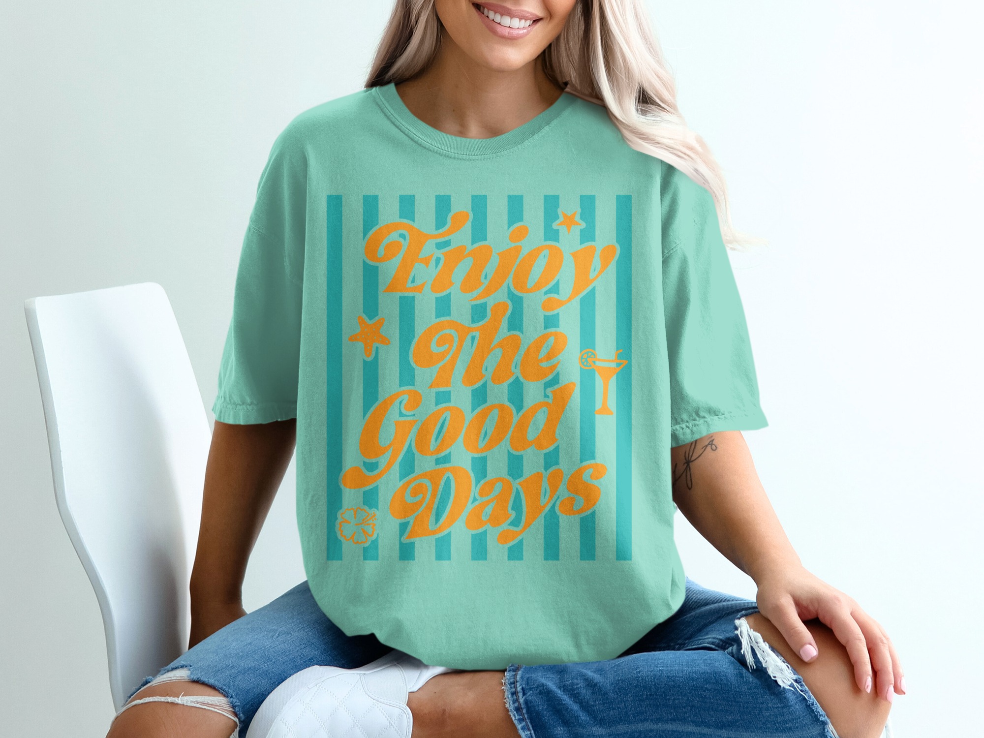 Enjoy The Good Days T-Shirt | Retro Summer Beach Vacation Tee | Positive Coastal Vibe Graphic Top | Gift for Her - Image 10