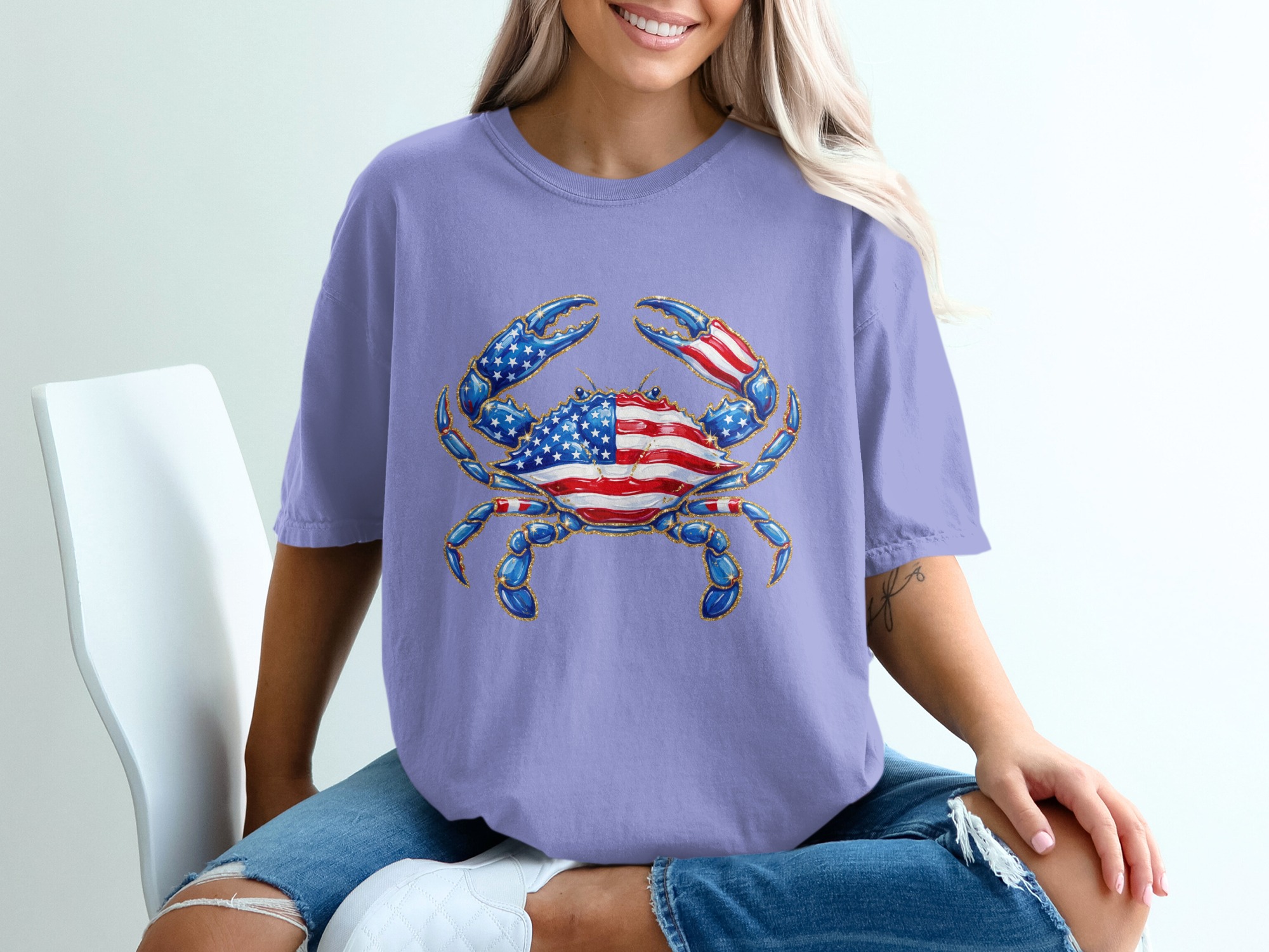 Patriotic Crab T-Shirt, American Flag Glitter Effect Crab Tee, Fourth of July Summer Top, USA Pride Coastal Crab Lover Gift - Image 18