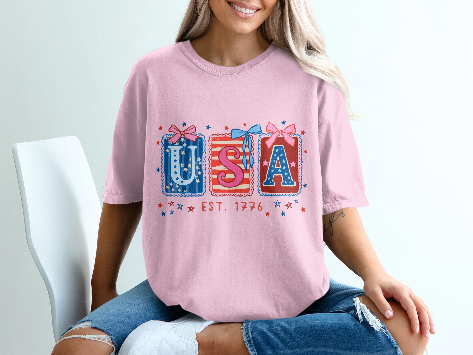 Patriotic USA Est 1776 T-Shirt, Whimsical Americana Tee, Fourth of July Top, Vintage Independence Day Shirt for Her, Cute Stars & Stripes - Image 17