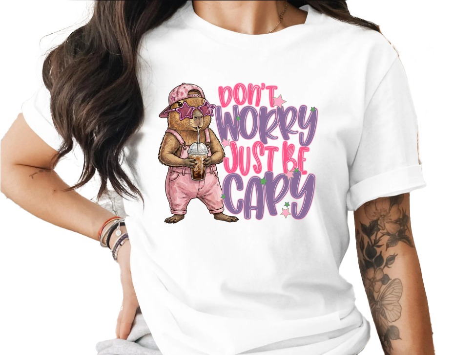 Don't Worry Just Be Capy T-Shirt, Cute Capybara Shirt, Chill Animal Tee, Iced Coffee Lover Gift, Trendy Positive Vibe Apparel