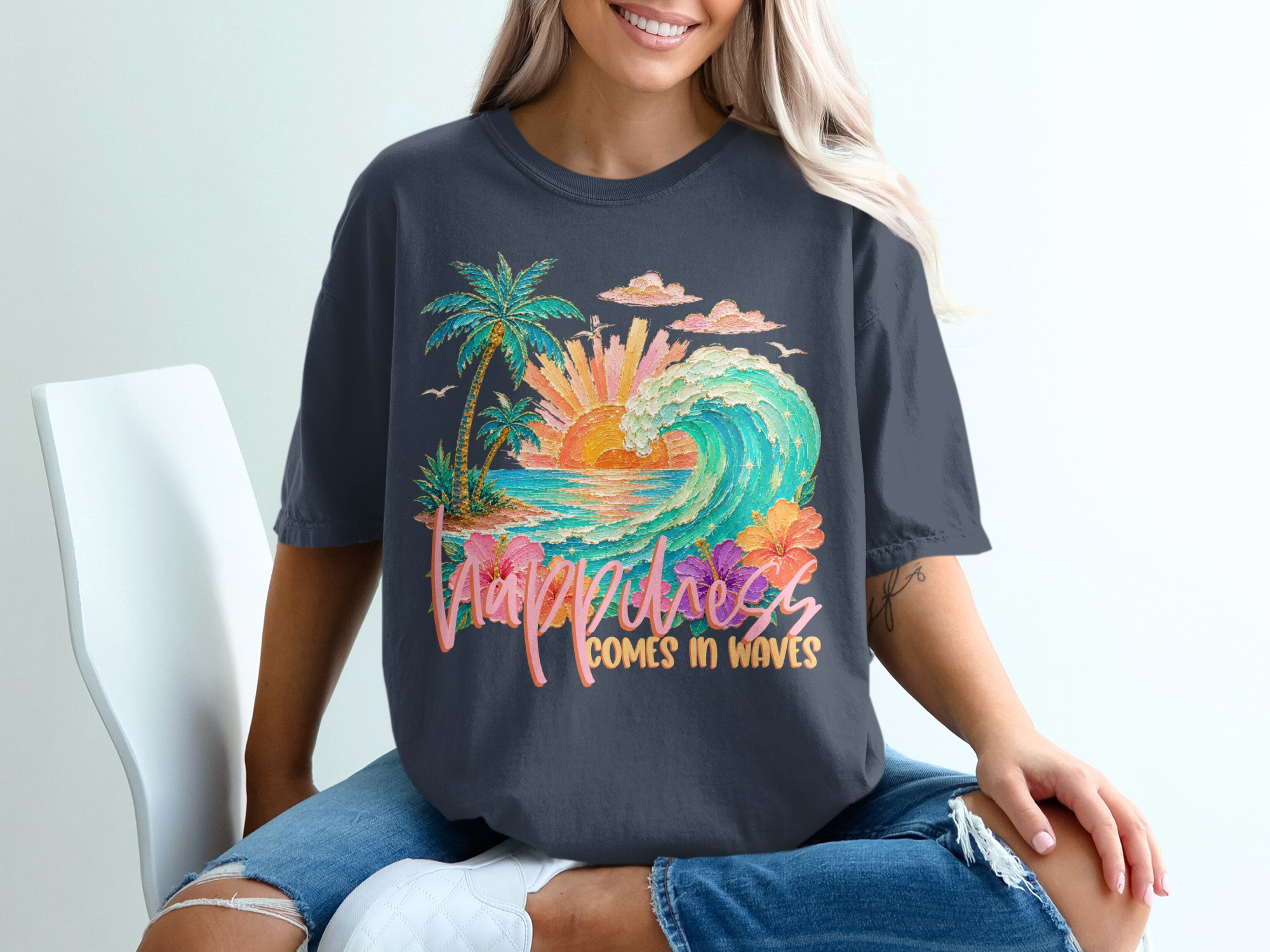Happiness Comes in Waves T-Shirt, Tropical Beach Vacation Tee, Faux Glitter Print Ocean Wave Design, Palm Tree Sunset, Coastal Boho Summer - Image 12