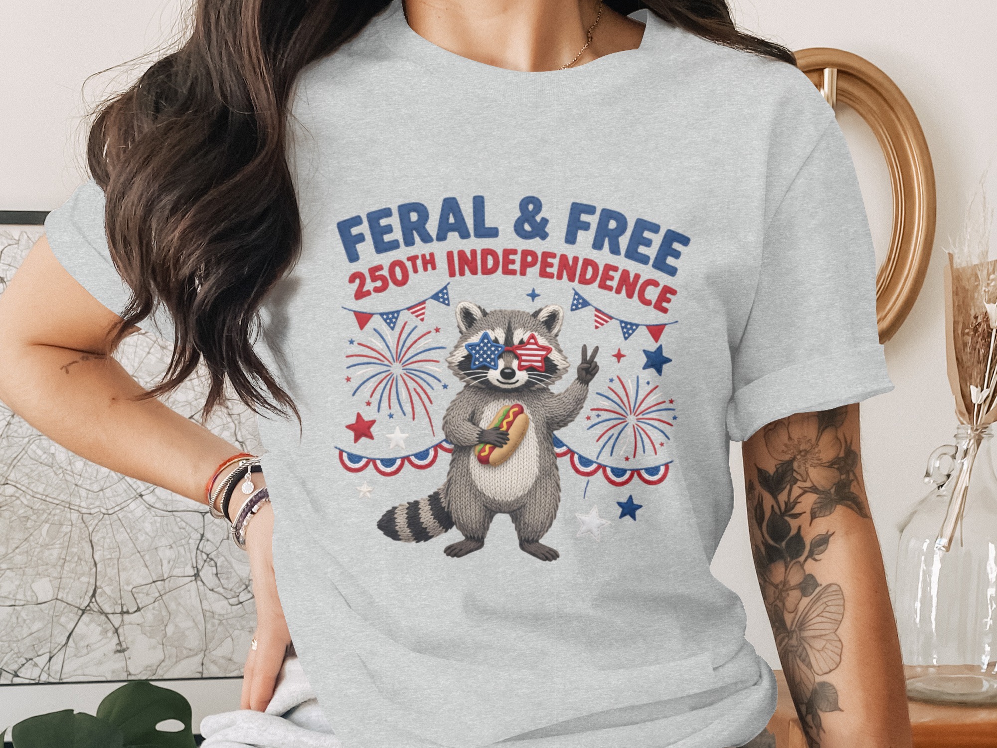 Feral Free Independence T-Shirt, Raccoon Fourth of July Tee, Patriotic Animal Shirt, 250th USA Celebration Gift Idea - Image 2