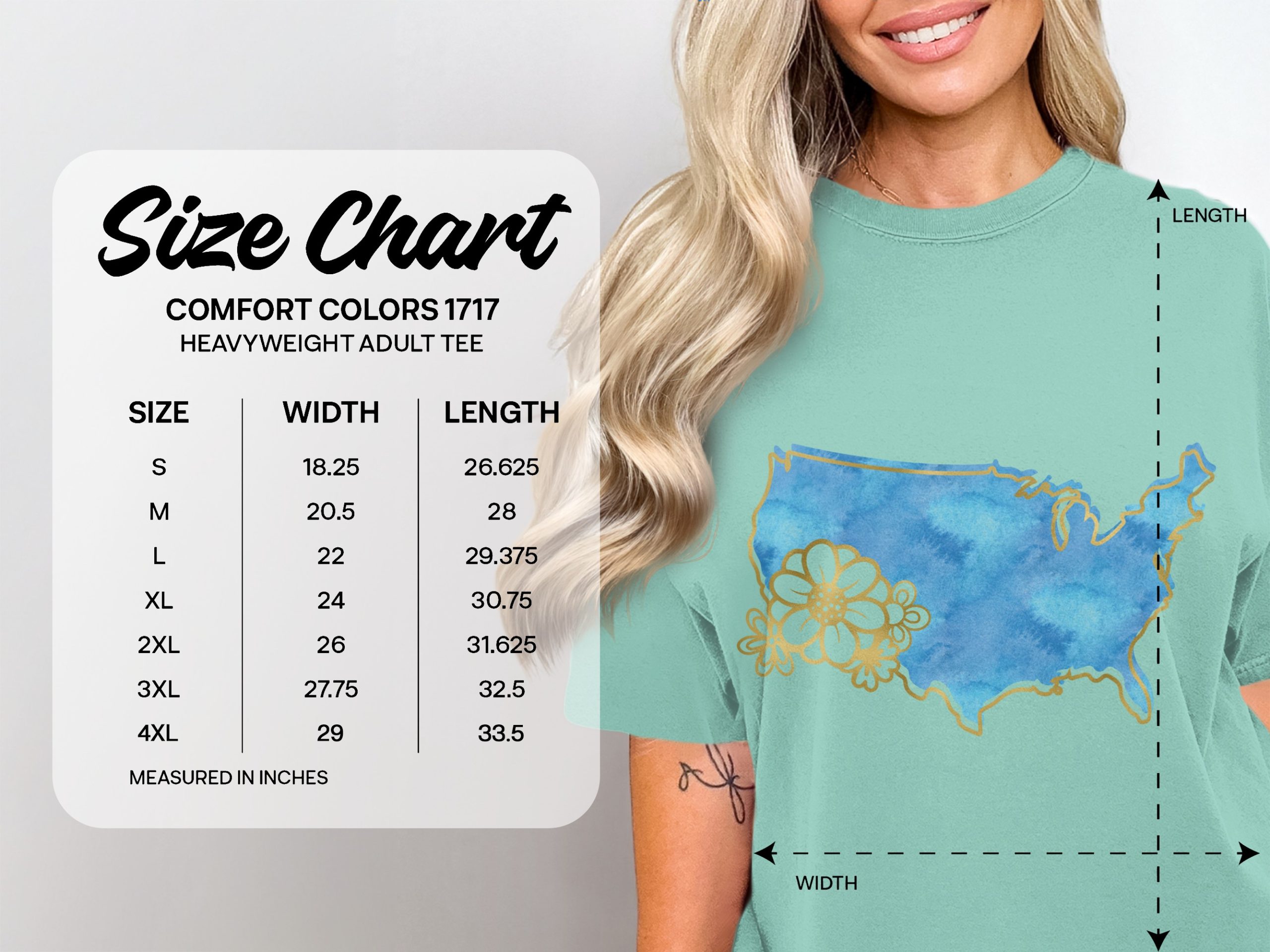 Watercolor USA Map T-Shirt, Faux Gold Floral America Outline Tee, Patriotic American Graphic Shirt, Gift for Her - Image 4