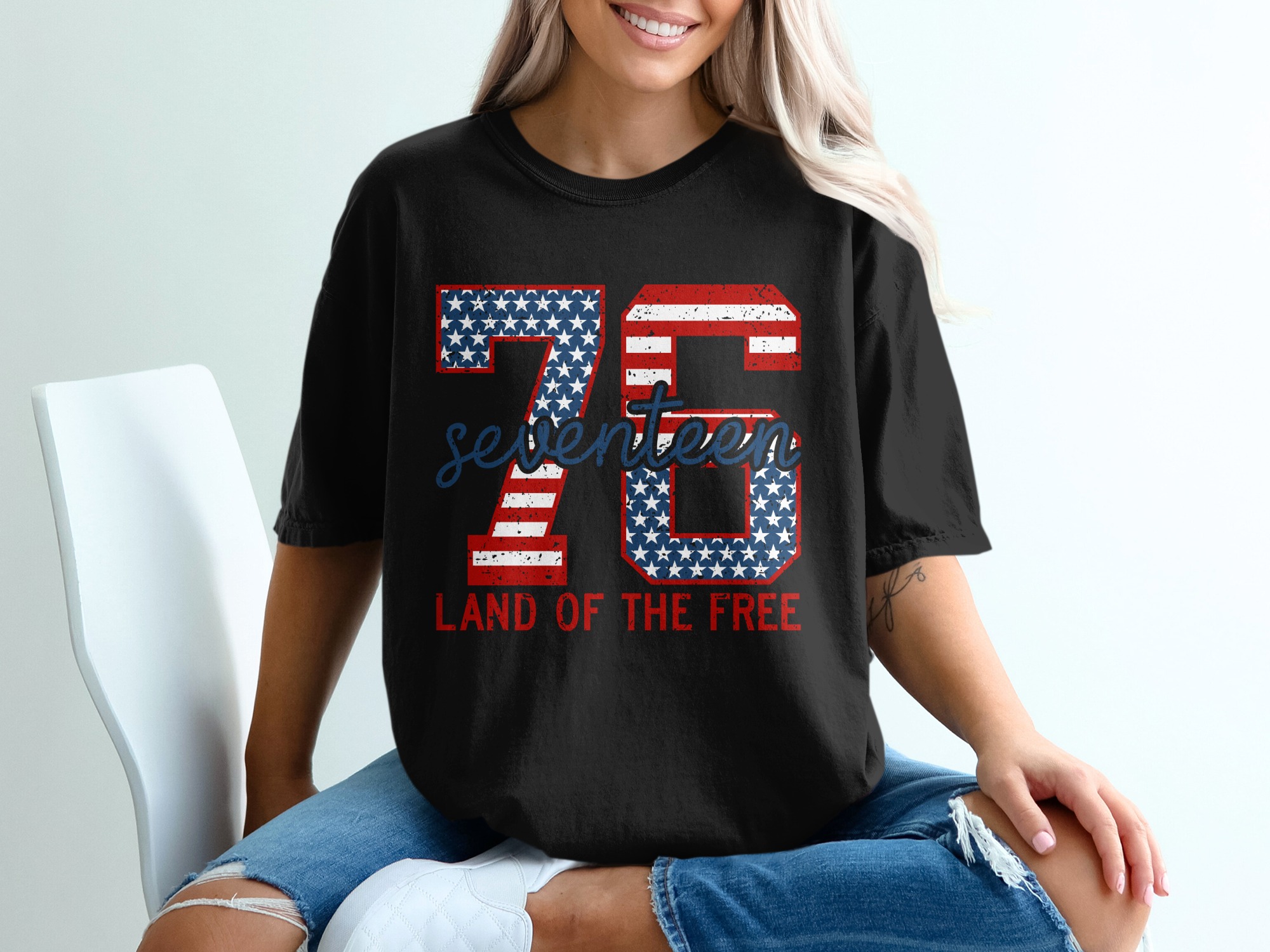 Patriotic 76 Seventeen Land of the Free T-Shirt, Distressed American Flag Tee, Vintage USA Pride Shirt, Independence Day Gift - Image 5