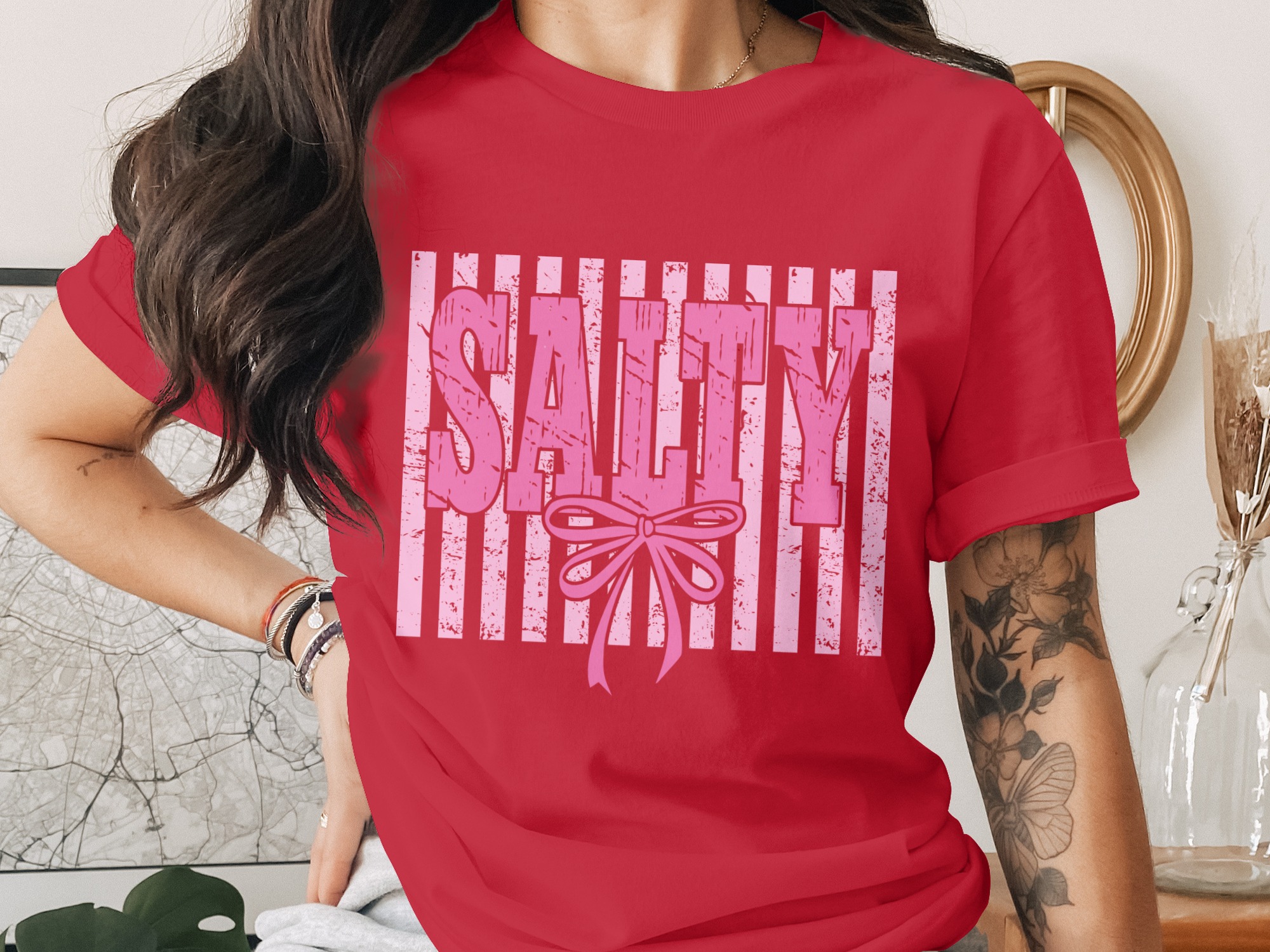 Salty T-Shirt, Pink Salty Tee with Faux Distressed Bow, Sassy Girly Graphic Top, Coquette Aesthetic Shirt, Cute Humorous Gift for Her - Image 4