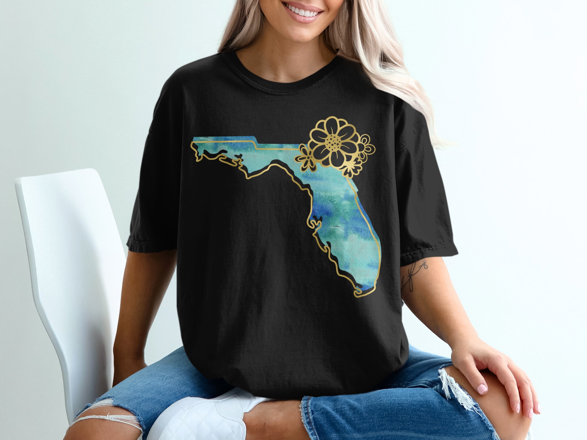 Watercolor Florida T-Shirt with Faux Gold Floral Outline | Coastal Florida State Tee | Florida Lover Gift for Women | Vacation Travel Shirt - Image 5