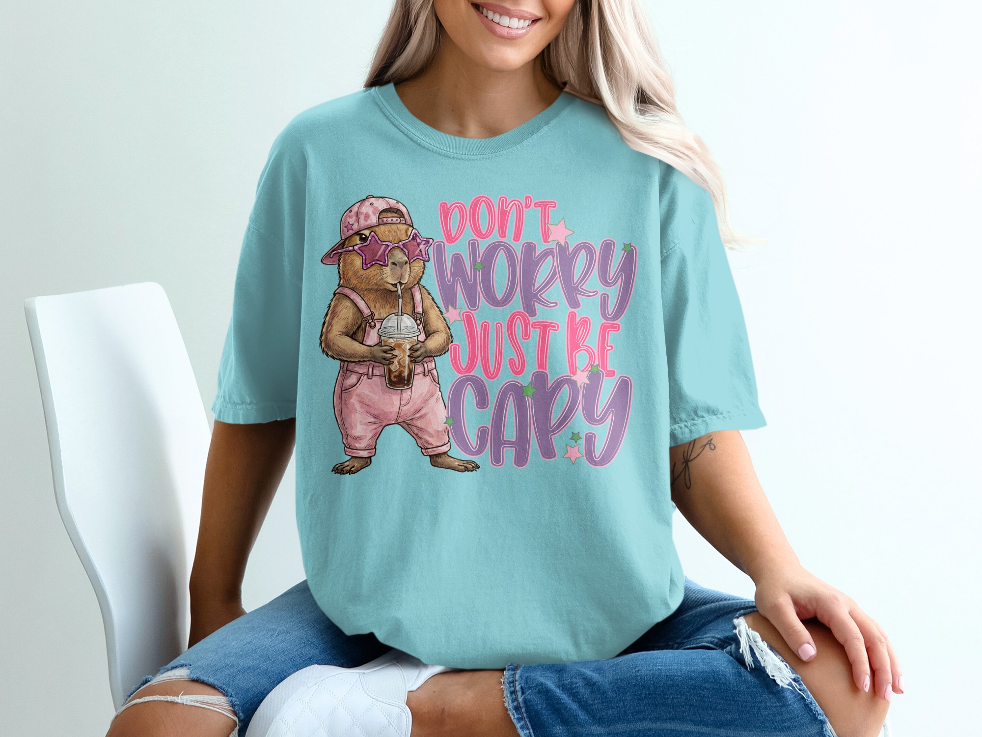 Don't Worry Just Be Capy T-Shirt, Cute Capybara Shirt, Chill Animal Tee, Iced Coffee Lover Gift, Trendy Positive Vibe Apparel - Image 19