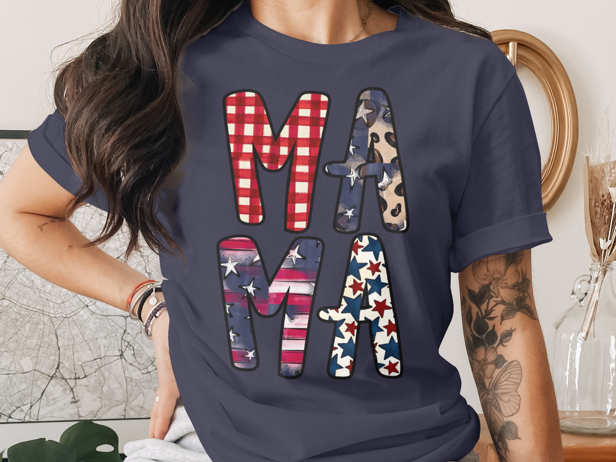 Patriotic Mama T-Shirt, Distressed Flag & Leopard Print Stars Tee, Buffalo Plaid Americana Mom Life Gift - Image 3
